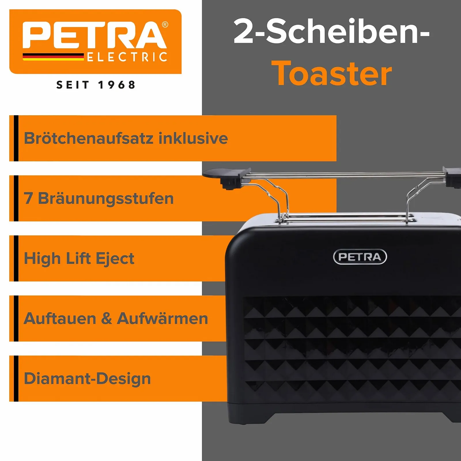 Тостер Petra PT6104BVDE на 2 скибочки з насадкою для булочок, високим підйомом, 7 рівнями підсмажування, функціями розморожування, підігріву та скасування, знімним піддоном для крихт, діамантовим дизайном, 930 Вт, фото №2