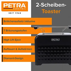 Тостер Petra PT6104BVDE на 2 скибочки з насадкою для булочок, високим підйомом, 7 рівнями підсмажування, функціями розморожування, підігріву та скасування, знімним піддоном для крихт, діамантовим дизайном, 930 Вт synthetic.ua - Фото 1
