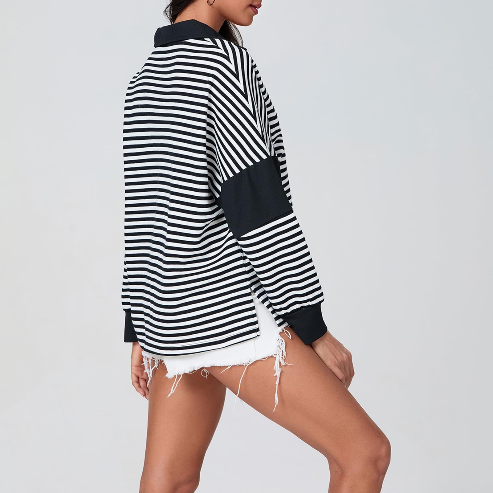 Женский полосатый свитшот SANSIWU, контрастный цвет, длинный рукав, воротник с лацканами, на пуговицах, осенне-зимний, Y2K, повседневный, большой пуловер, фото №6