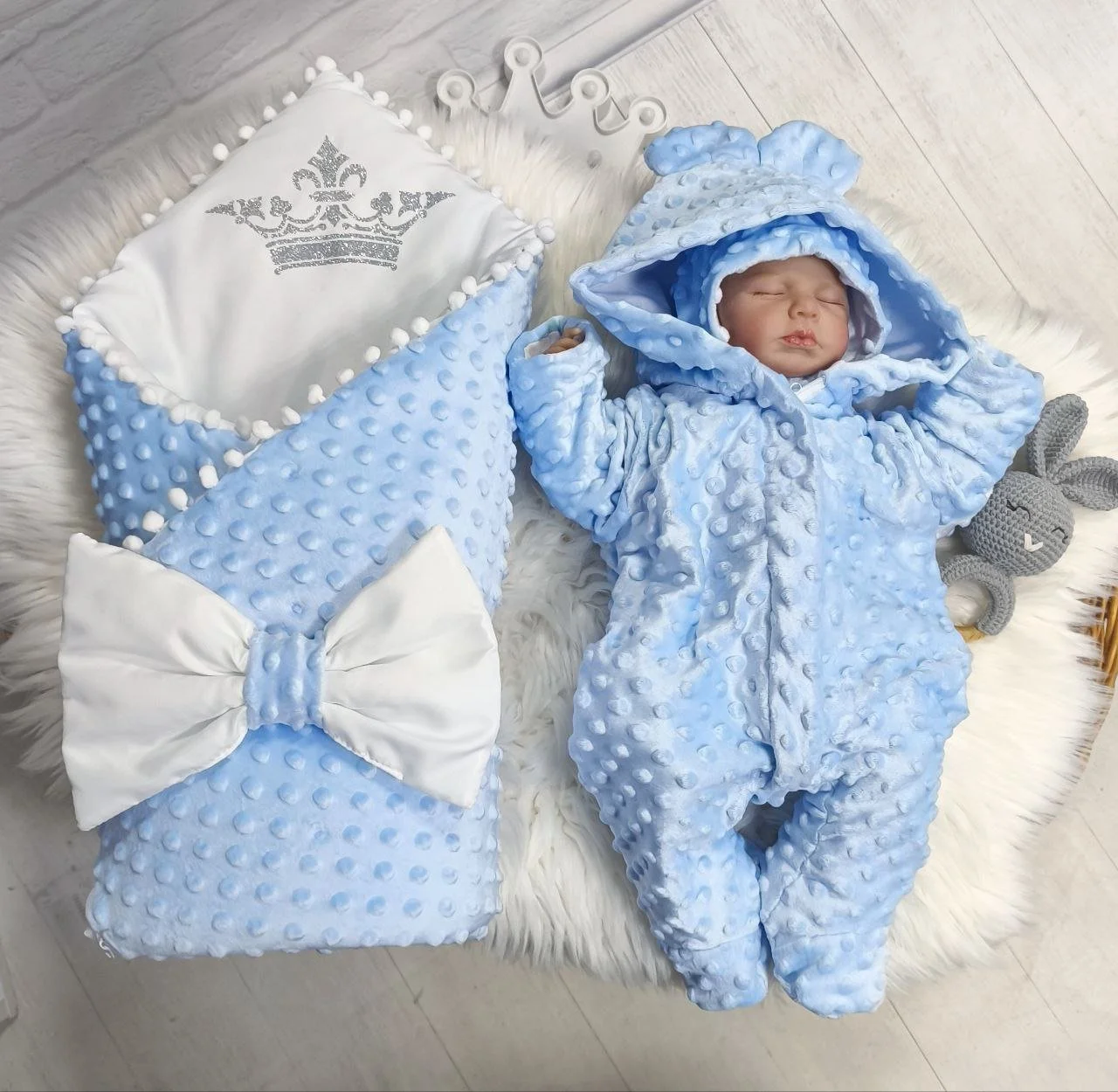 Комплект для новонародженого демісезоний Плюш Корона блакитний, фото №1 Комплект для новонародженого демісезоний Плюш Корона блакитний, фото №1