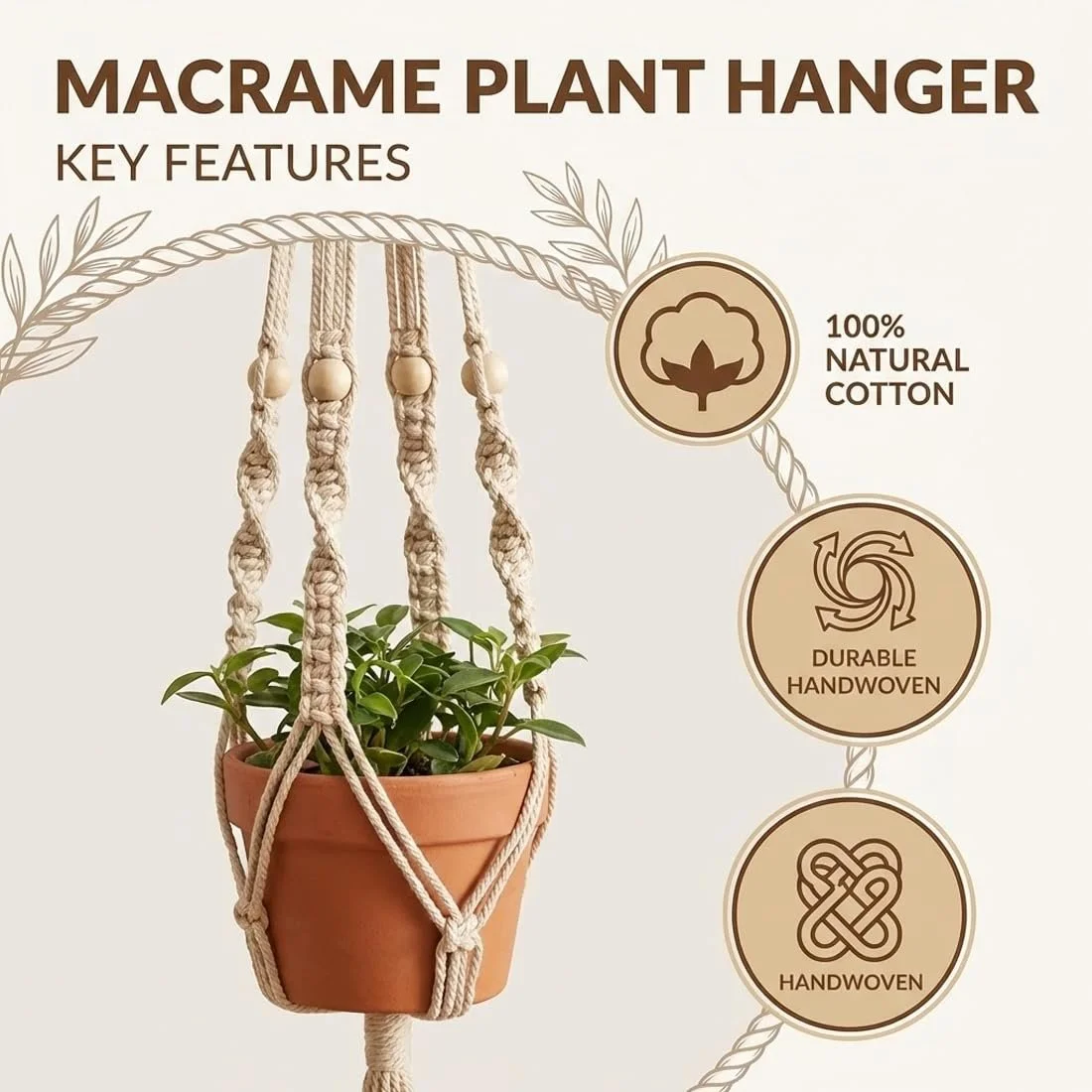 Підвісне кашпо Macrame 105 см Бавовняна мотузка Плетене (Потовщене), фото №3 Підвісне кашпо Macrame 105 см Бавовняна мотузка Плетене (Потовщене), фото №3