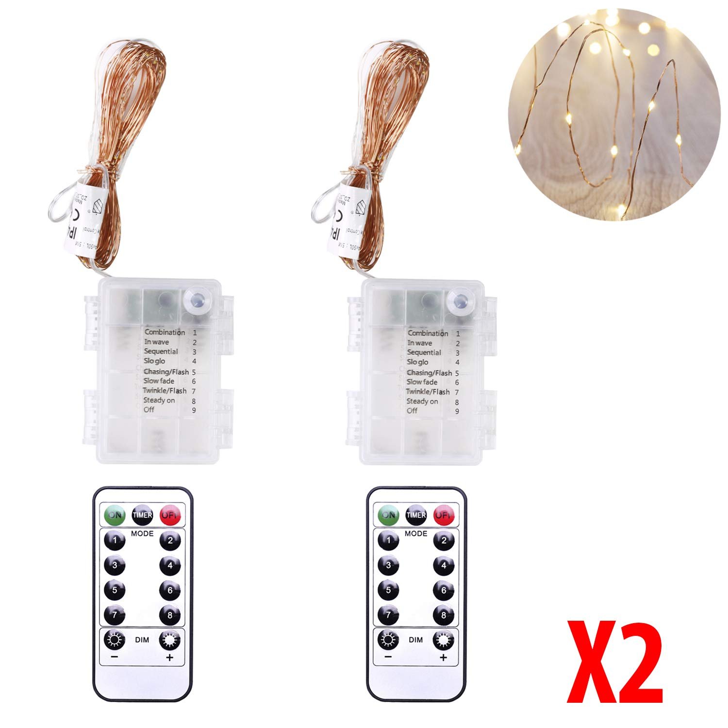 Гірлянда DecoKing 60 LED на мідному дроті 2 шт. з пультом дистанційного керування, теплий білий, статичний, живлення від батарейок, фото №2