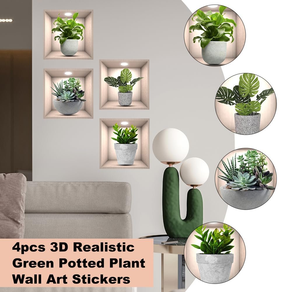 Наклейки на стіну Рослини 4 штуки 3D Реалістичні водонепроникні вінілові знімні Зелені, фото №4