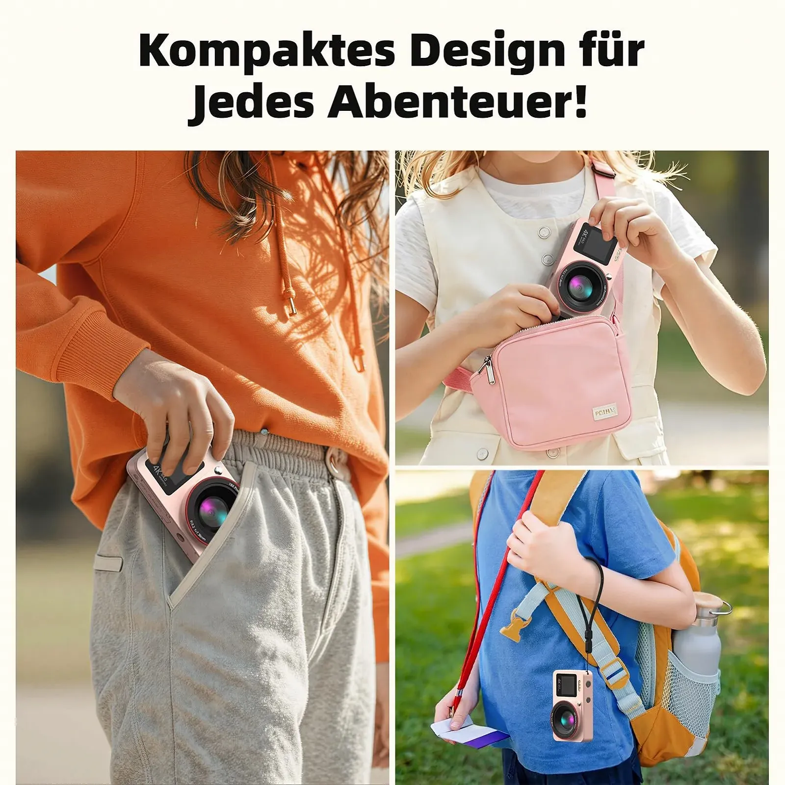 Цифрова фотокамера 4K 64MP Vlogging Compact Camera 18X Zoom для дітей та початківців 2 екрани 2 акумулятори 64GB SD Card Pink, фото №5