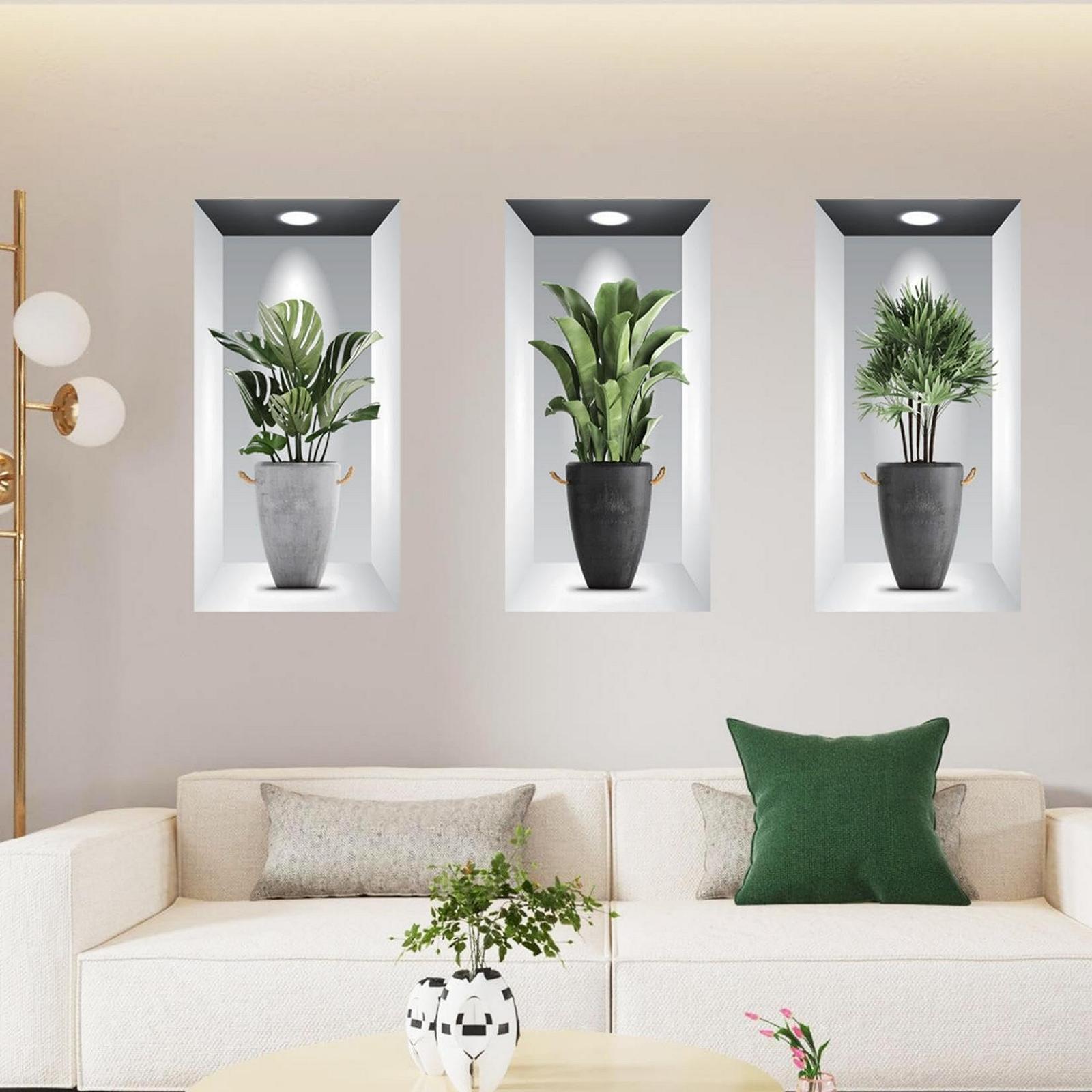 Набор наклеек на стену 3 шт. 3D Green Potted Plant Waterproof Wall Art 3D Plant Living Room Bedroom Bathroom Kitchen Office Decor 30 x 60 см, фото №4