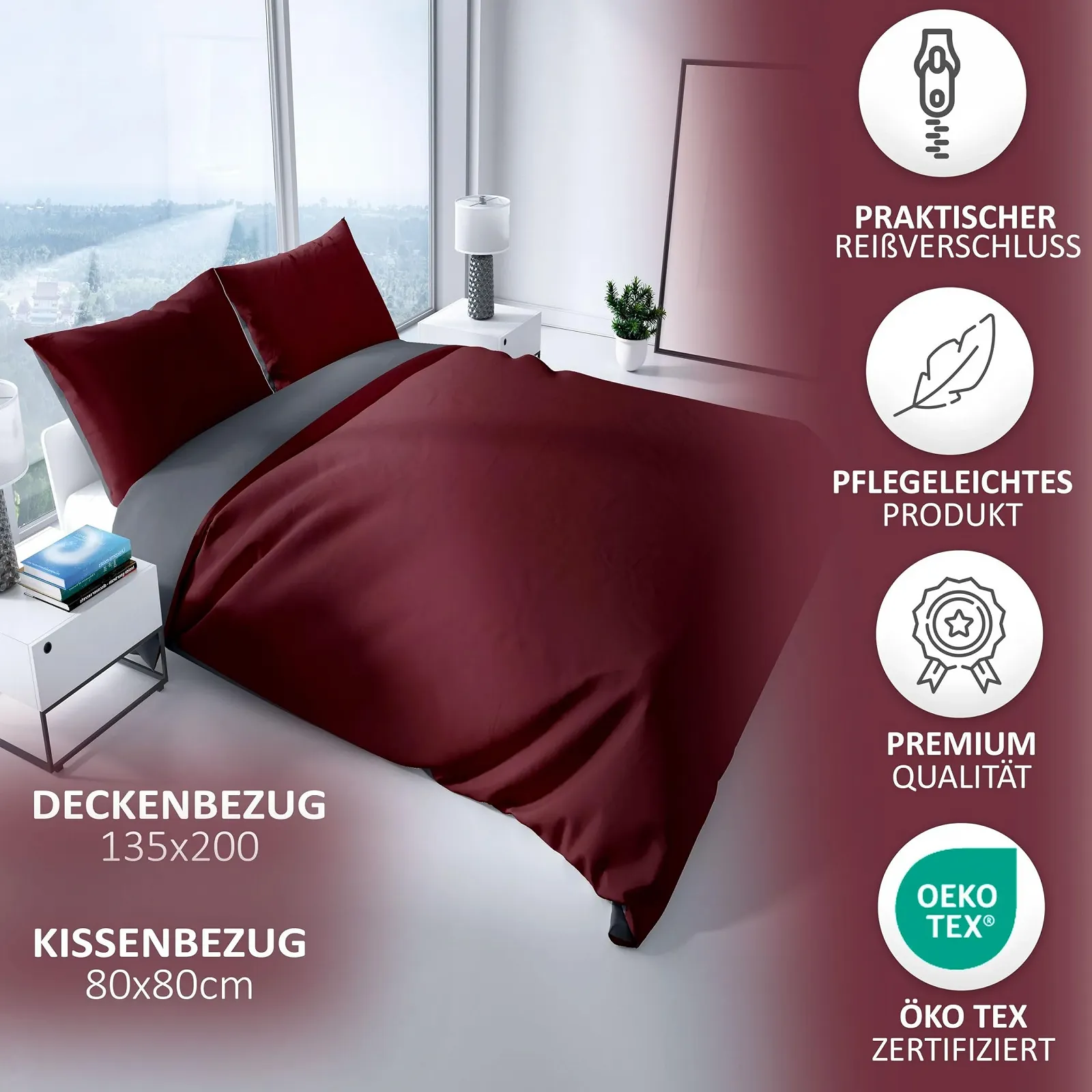 Постільна білизна Leonado Vicenti 2 предмети Сатин Бавовна Бордо 135 х 200 см 80 х 80 см, фото №3