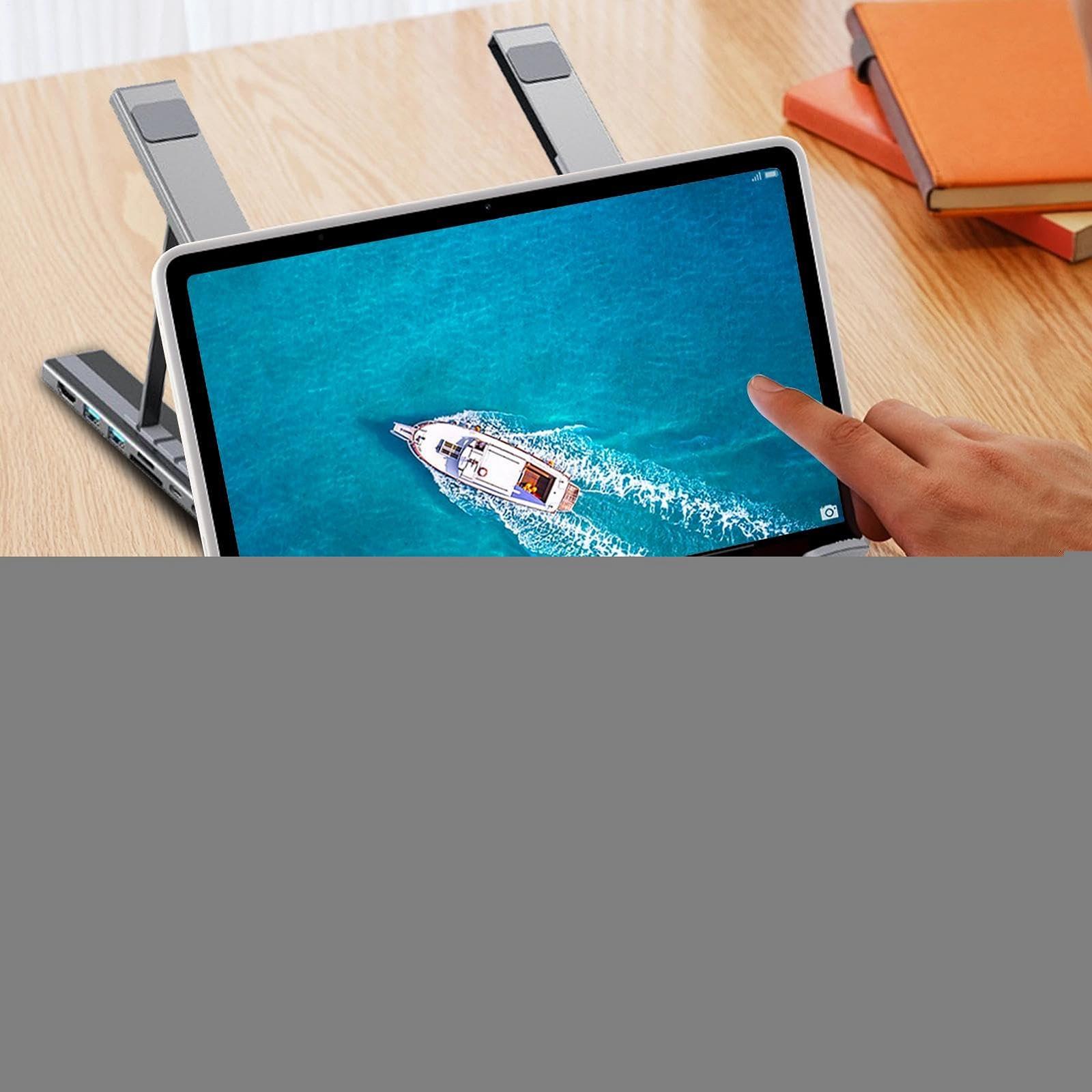 Подставка для ноутбука с портами USB, регулируемая по высоте подставка для планшета, рабочая станция, эргономичная охлаждающая подставка с многопортовым адаптером для дома и работы, фото №9