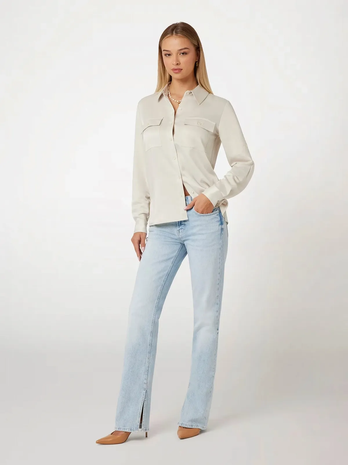 Женская сатиновая рубашка GUESS JEANS / Бежевая / Размер S, фото №2