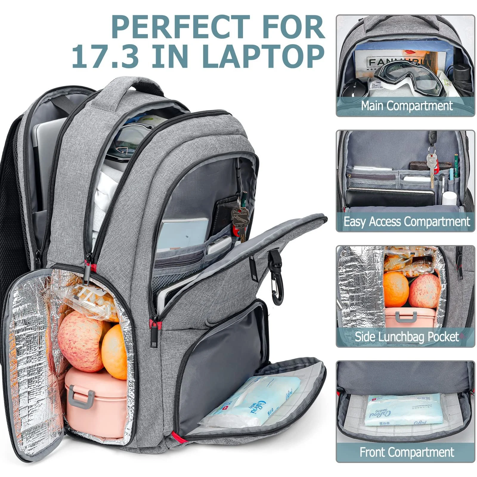 Рюкзак для ноутбука с отделом для ланча 17.3 Inch Large USB Charging Port Waterproof Anti-Theft Gray, фото №2 Рюкзак для ноутбука с отделом для ланча 17.3 Inch Large USB Charging Port Waterproof Anti-Theft Gray, фото №2