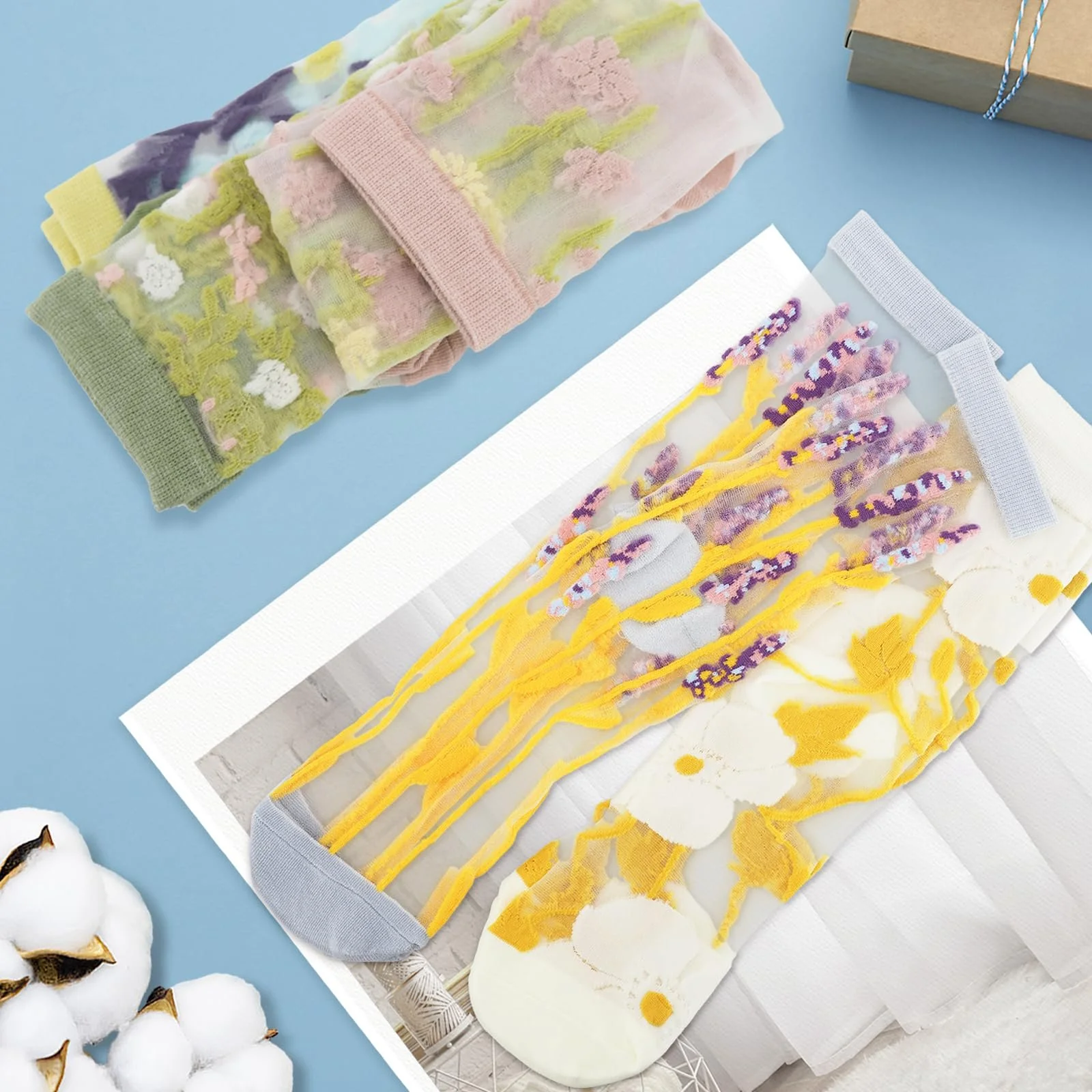 Носки Винтажные Прозрачные 5 пар, Милые Цветочные Тонкие Носки, Эластичные Сетчатые Кружевные Жаккардовые Стеклянные Шелковые Носки для Женщин и Девушек, разноцветные, фото №4