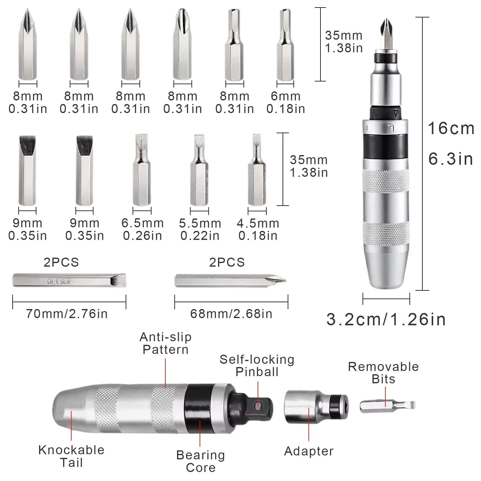 Набір ударних викруток 16 шт. 1/2 дюйма шліцьові Phillips Hex біти, фото №3
