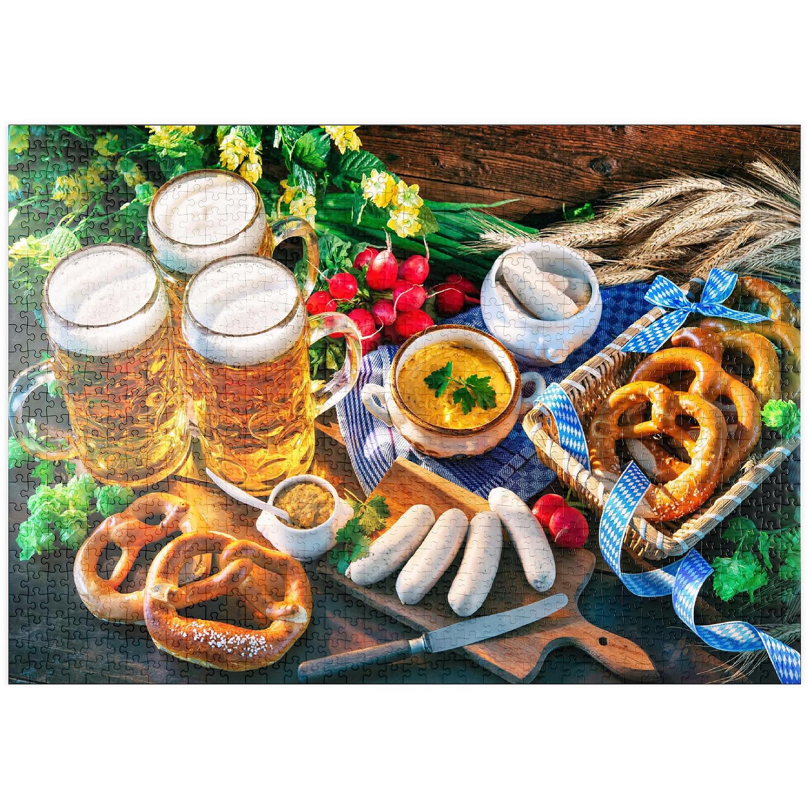 Пазл MyPuzzle Special Collection Oktoberfest Menu, Bavarian Sausages with Pretzels, Sweet Mustard and Beer Mugs Premium 1000 элементов, фото №1