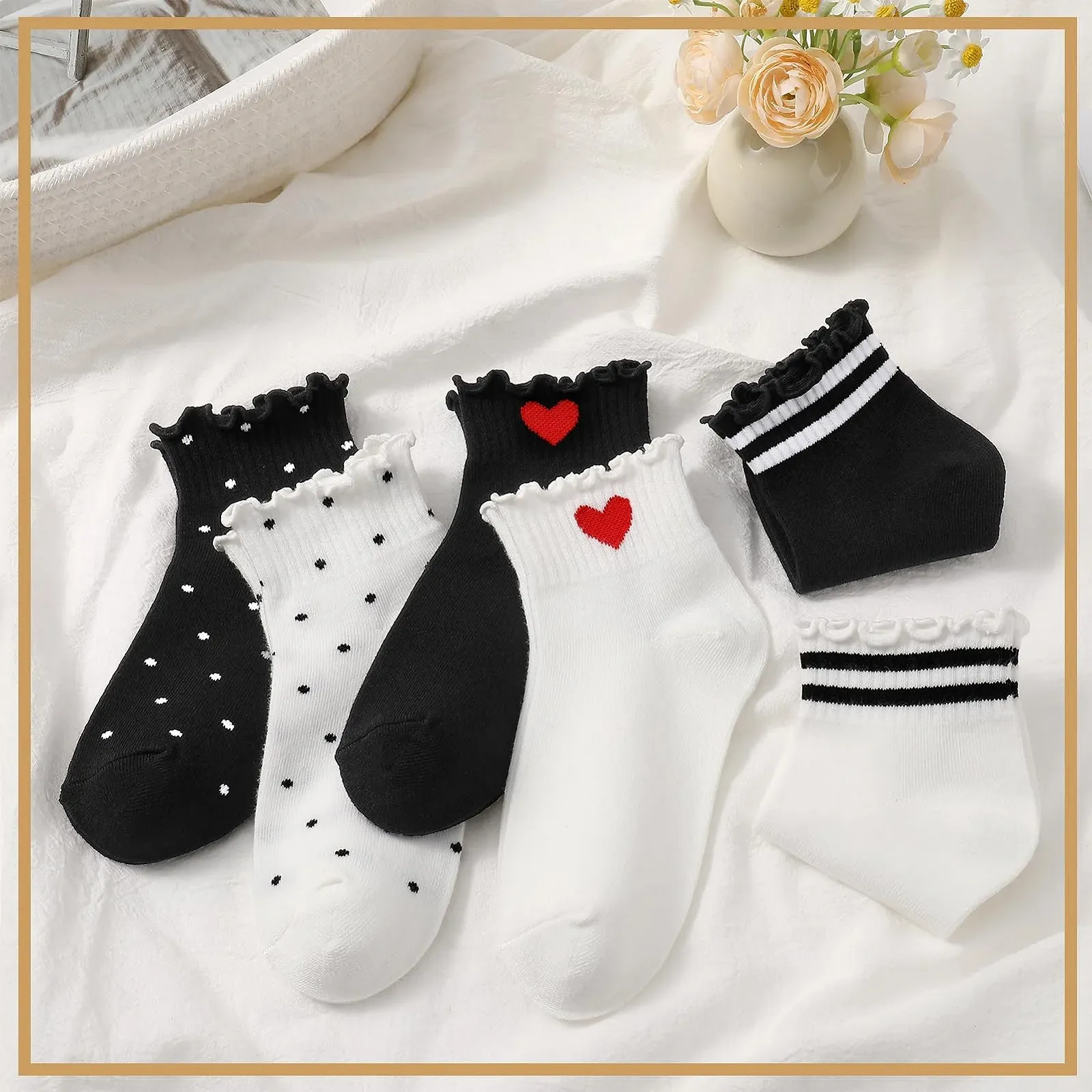 Носки с рюшами в полоску, 6 пар, бело-черные, вязаные, размер EU 35-40, фото №6