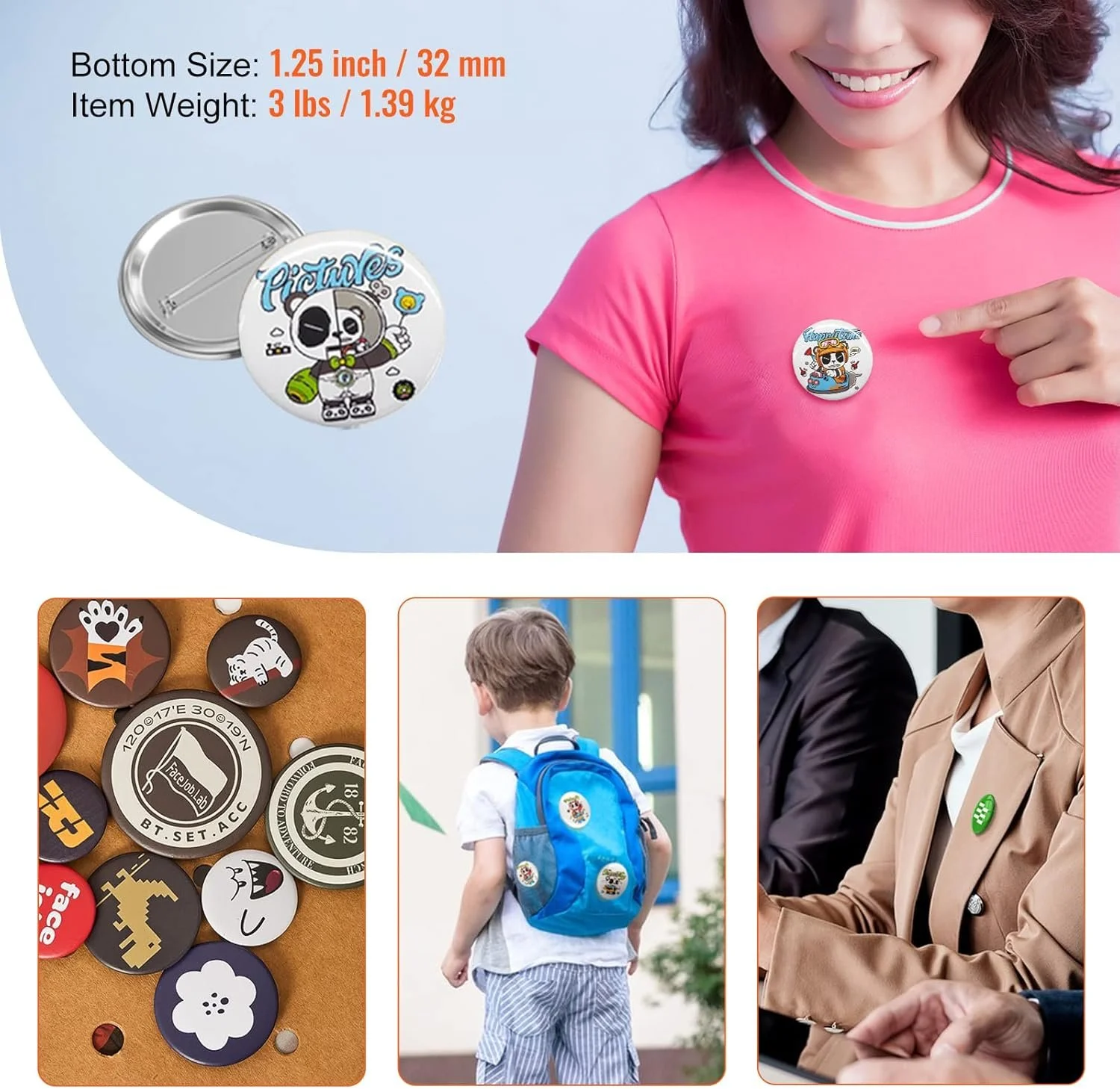 Набір деталей для значків-кнопок Vevor 32 мм Silver/White, фото №3