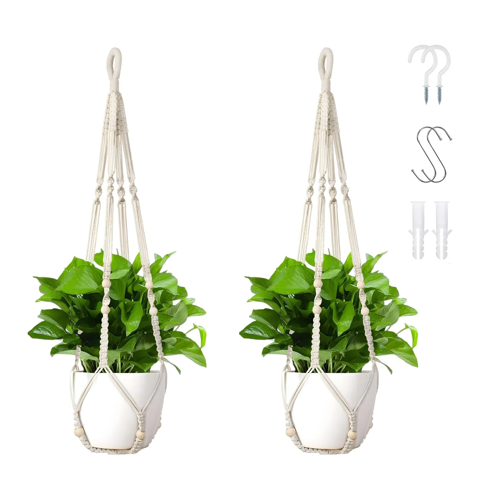 Набор подвесных корзин макраме 2 шт. 35 дюймов хлопок с крючками белый, фото №1
