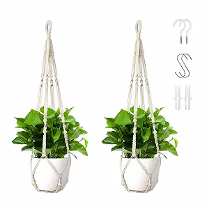 Набор подвесных корзин макраме 2 шт. 35 дюймов хлопок с крючками белый - Фото 1