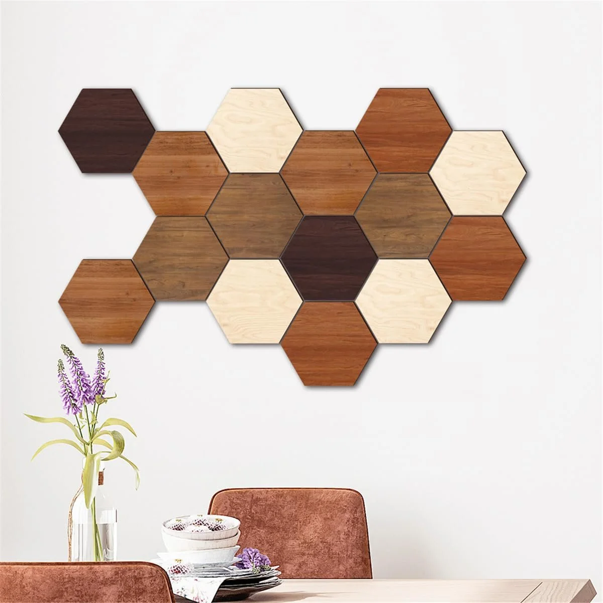 Настінні наклейки Гексагональні дерев'яні 3D 15 шт. Мультиколор, фото №5