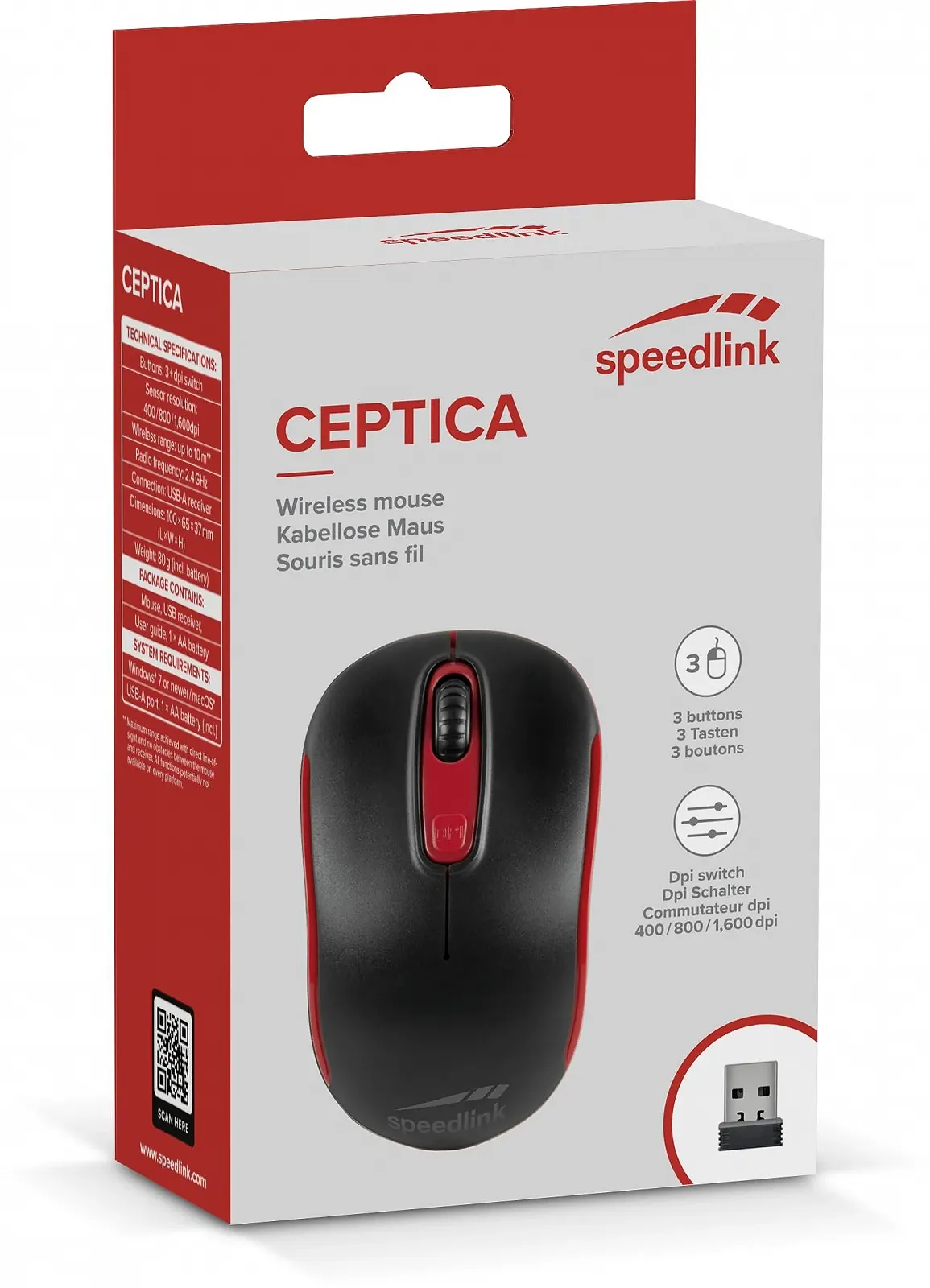 Мышь Speedlink Ceptica Wireless USB 1600dpi Черный/Красный (Батарейка AA в комплекте), фото №4