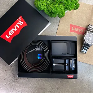 Ремень мужской кожаный брендовый с двумя пряжками в подарочной упаковке Levi's - Фото 1