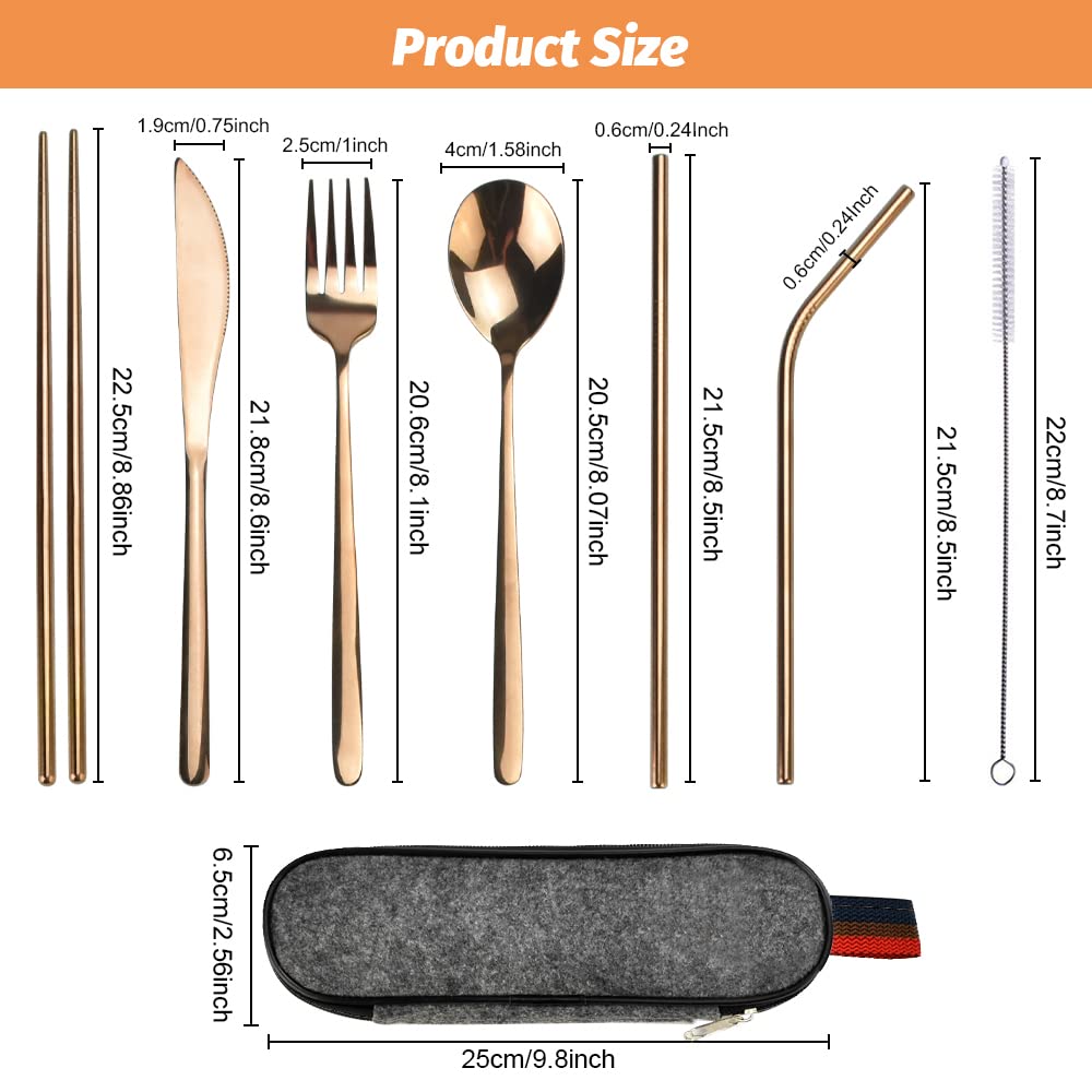 Набір столових приладів SNAGAROG 8 Piece Travel Cutlery з нержавіючої сталі та футляром, багаторазові прилади для походів, кемпінгу, пікніків, рожеве золото, фото №2