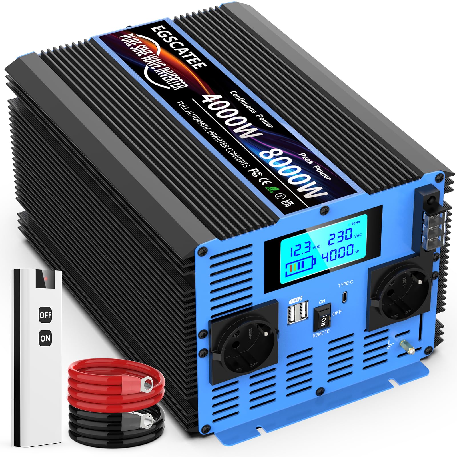 Інвертор 4000 W 12 V 230 V перетворювач напруги чистої синусоїди з 2 EU розетками, USB Виходом, Type-C, пультом дистанційного керування та LCD дисплеєм пікова потужність 8000 W для вантажівки кемпінгу аварійний кемпер фургон, фото №1