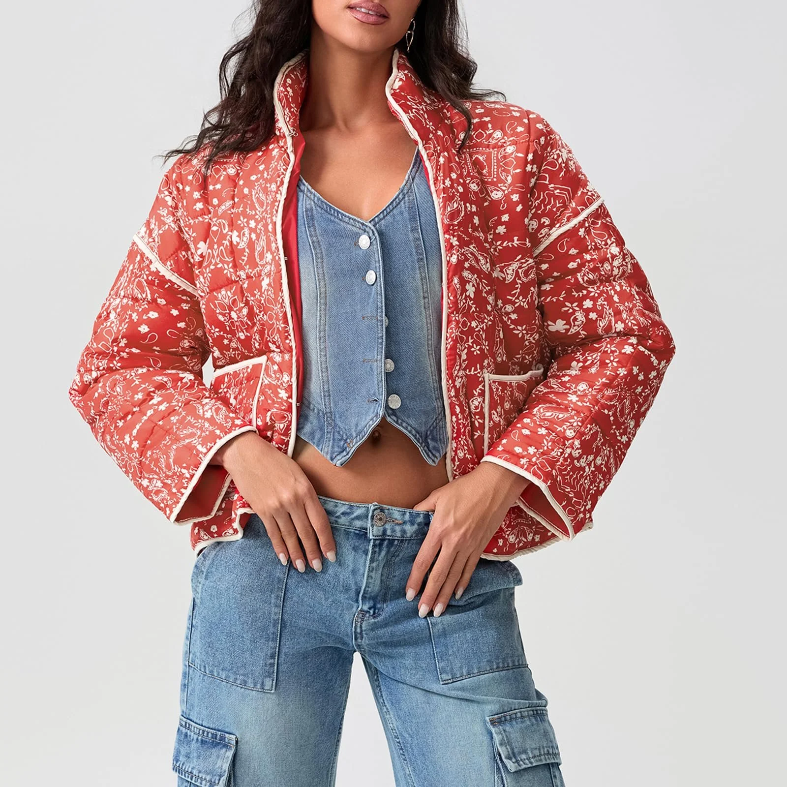 Женская куртка с цветочным принтом, укороченная, легкая, винтажная, этническая, утепленная, осень-зима, с длинными рукавами, фото №3