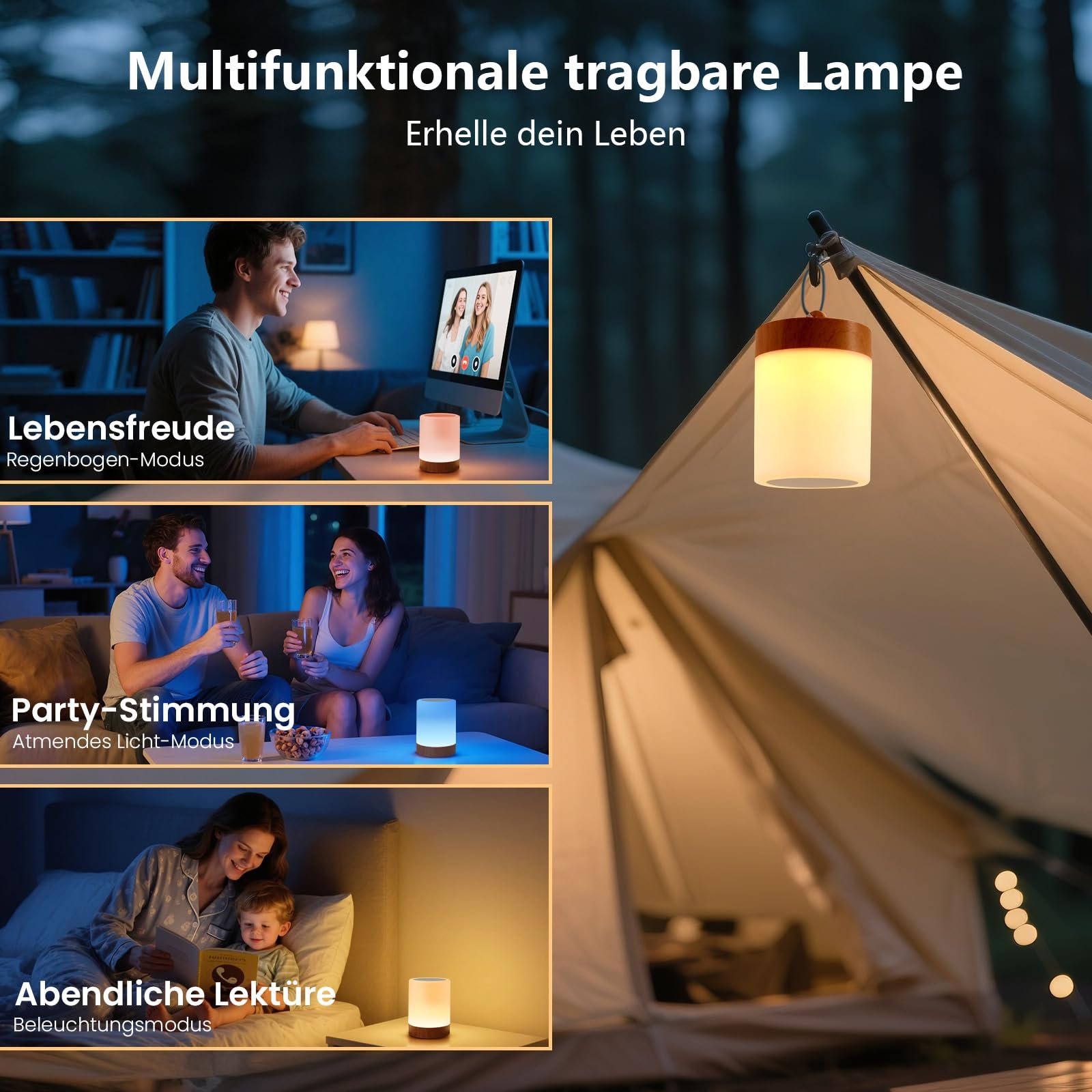 Настільна лампа-нічник LED Бездротова Сенсорна 13 кольорів Акумуляторна USB Таймер Дерево, фото №6