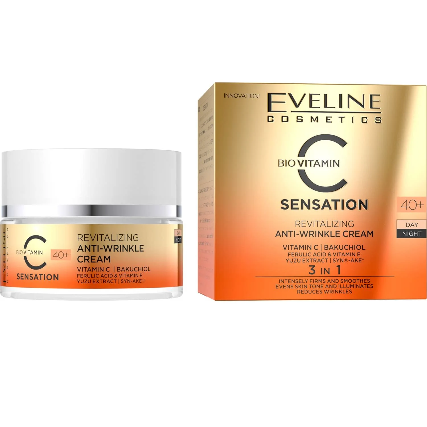 Омолоджувальний крем проти зморщок 40+ Eveline Cosmetics C-Sensation з вітаміном C, E, феруловою кислотою, бакучіолом та гіалуроновою кислотою 50 мл, фото №1 Омолоджувальний крем проти зморщок 40+ Eveline Cosmetics C-Sensation з вітаміном C, E, феруловою кислотою, бакучіолом та гіалуроновою кислотою 50 мл, фото №1