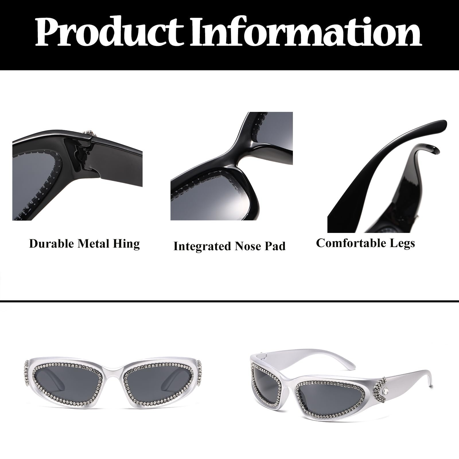 Сонцезахисні окуляри Y2K LJCZKA Wrap Around Rhinestone для жінок та чоловіків, модні овальні, фото №6