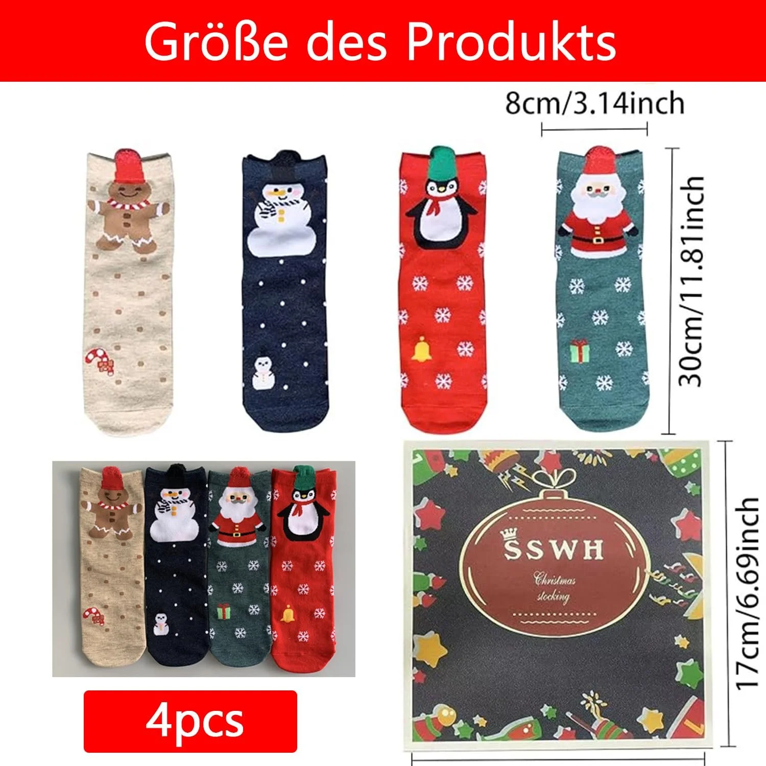 Шкарпетки Різдвяні Santa Claus Бавовна, розміри 18-42, червоний (4 пари), фото №4