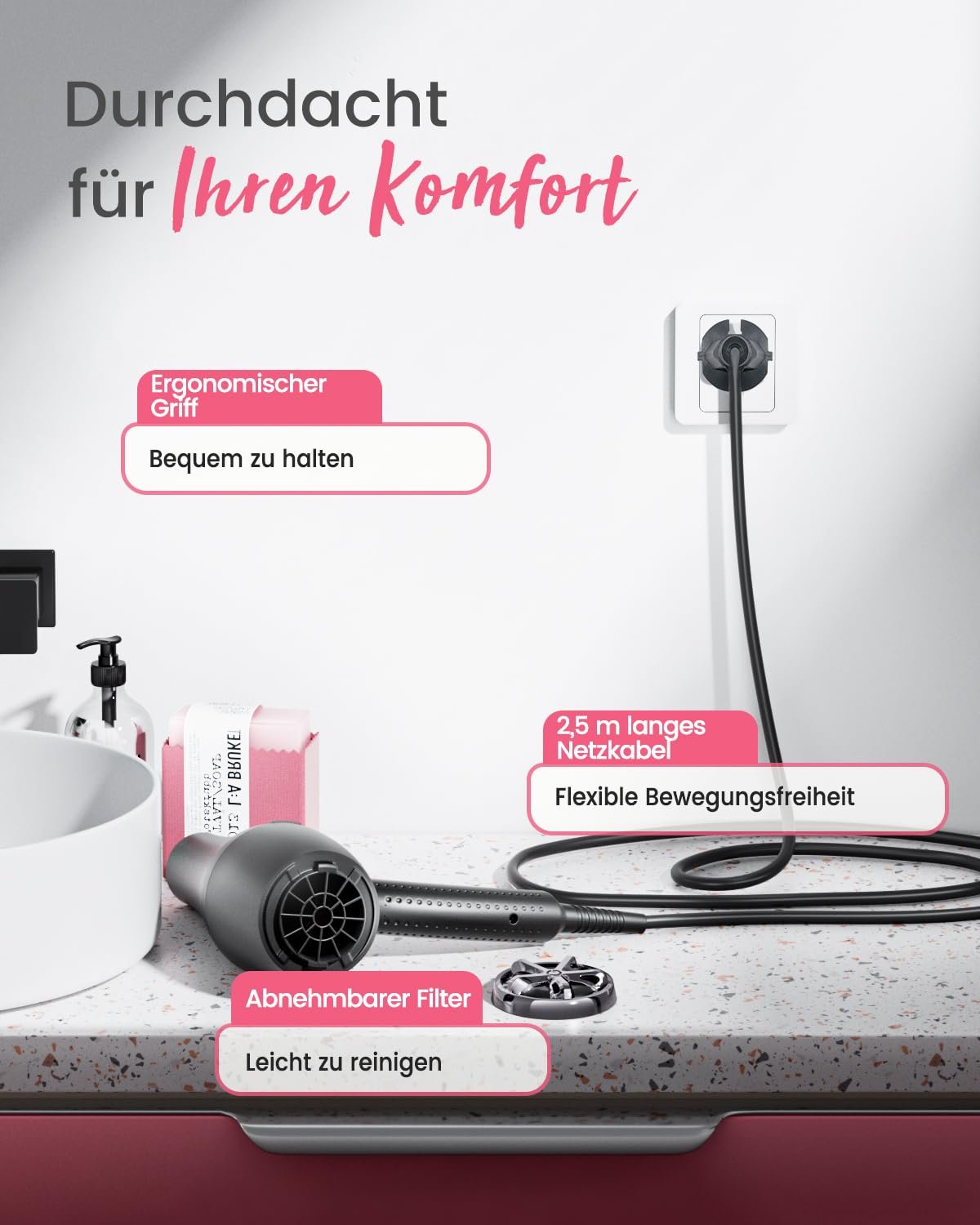 Фен Dekuri Ion Professional, с 1 диффузором, 2 насадками, 3 уровнями нагрева и 2 скоростями, кабель 2,5 метра, фото №8