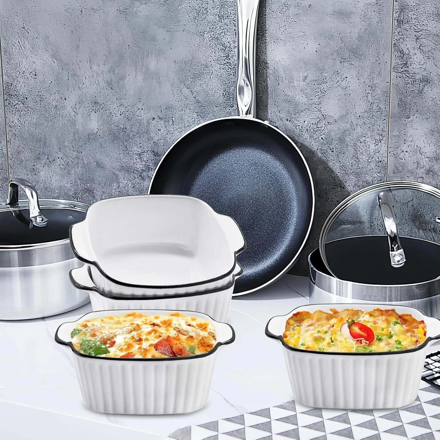 Набор форм для запекания керамических 4 шт. квадратные 14,7 см с ручками черно-белые, фото №4