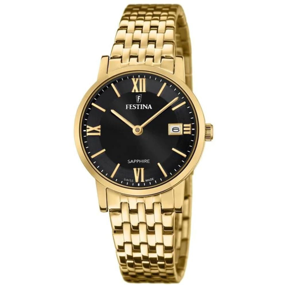 Жіночий годинник Festina Swiss made F20021/3 Золотий корпус з нержавіючої сталі, золотий браслет з нержавіючої сталі, Золото-чорний, Браслет, фото №1
