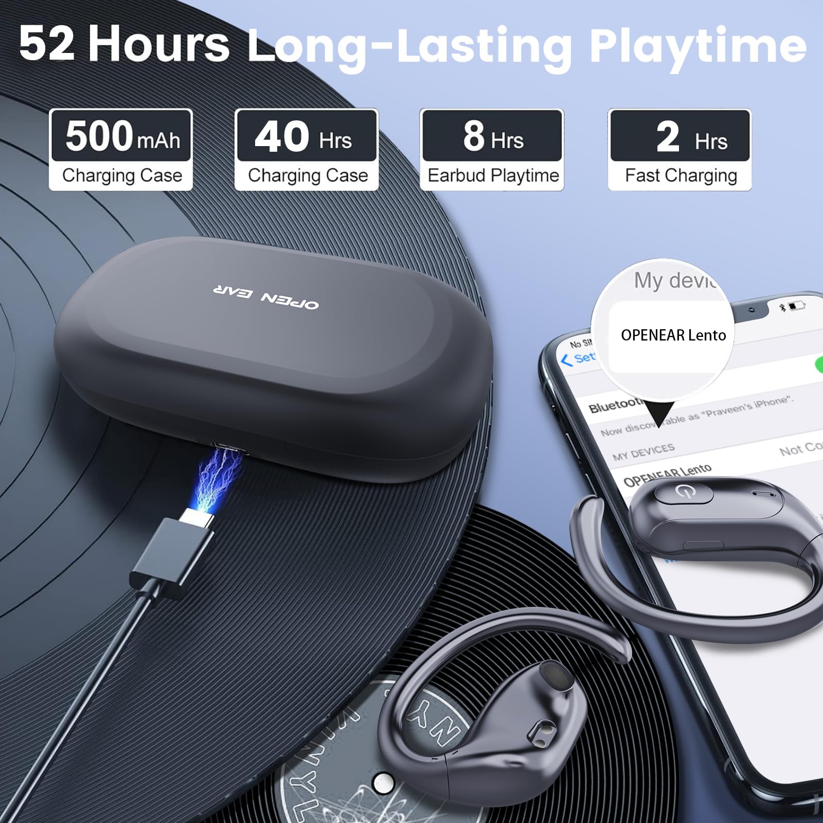 Навушники MONODEAL Bluetooth 5.3 Відкриті IPX5 Водонепроникні HiFi 50 годин Відтворення LED дисплей, фото №4