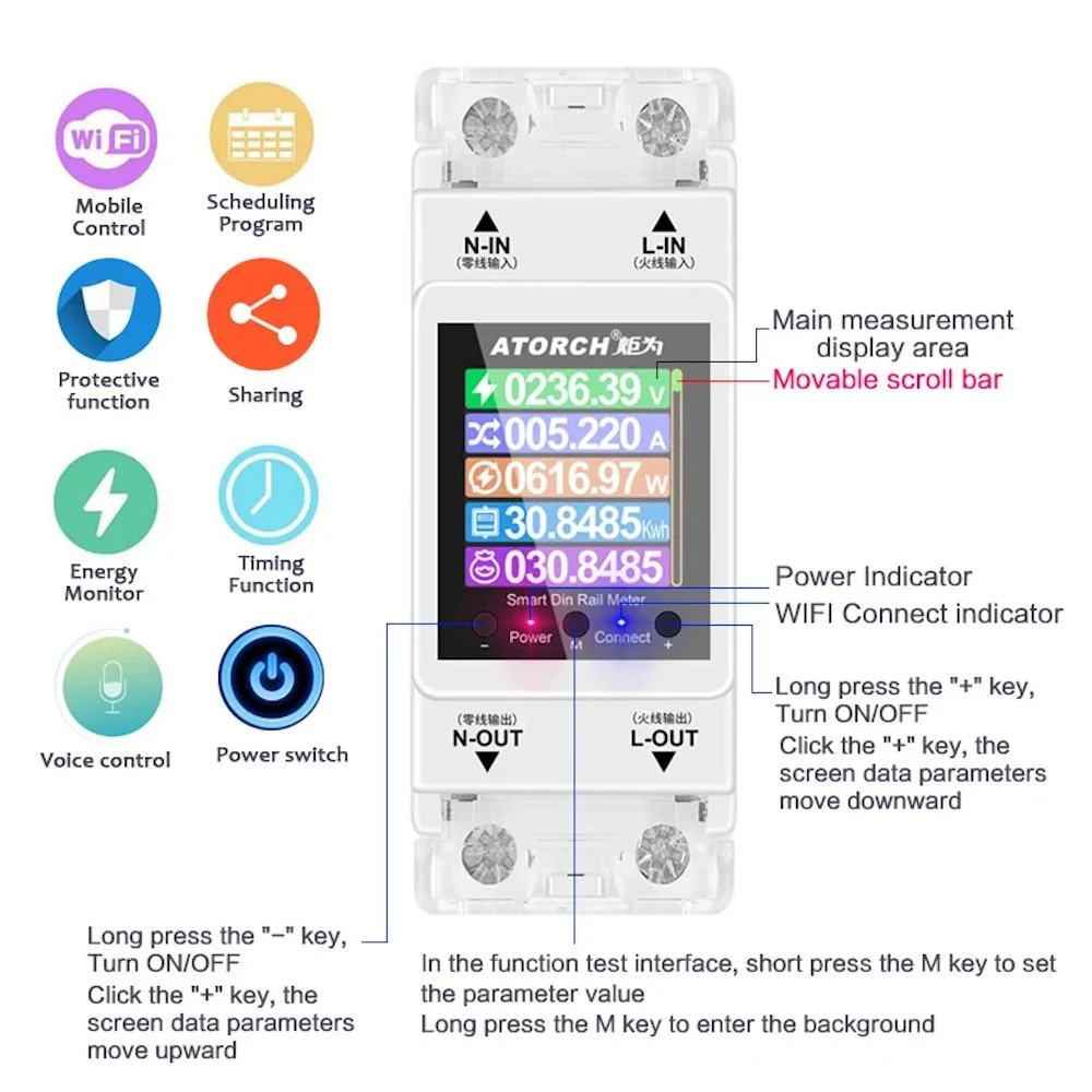 Розумний Wi-Fi, автоматичний вимикач, ATORCH 2P 63A Tuya WIFI, лічильник електроенергії КВтч, вимірювання потужності, таймер, фото №5