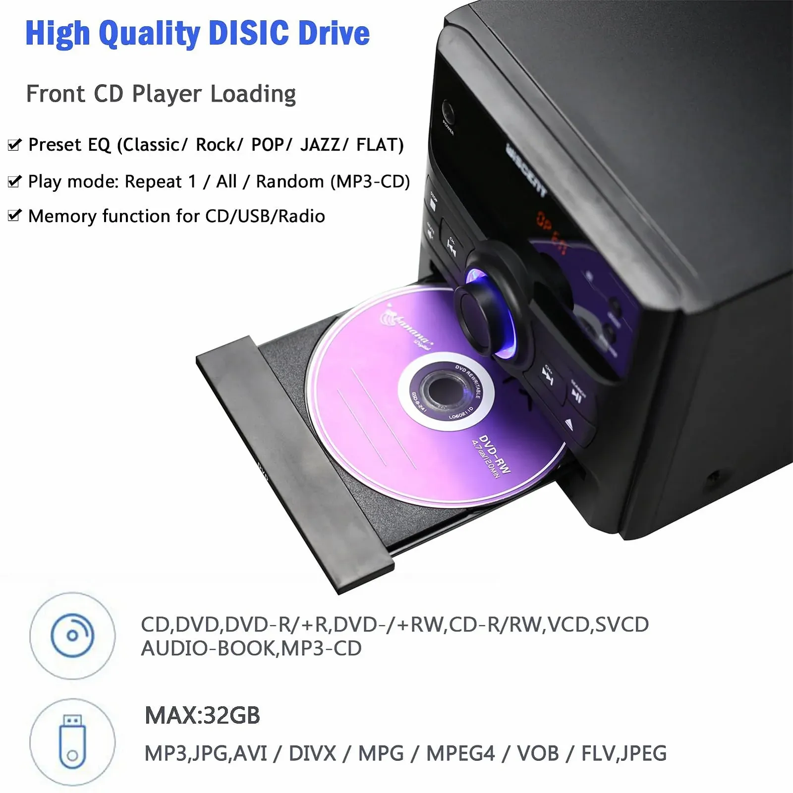 Hi-Fi система WISCENT 30 W с Bluetooth (CD-проигрыватель, DVD-проигрыватель, FM-радио, USB, AUX вход), фото №4 Hi-Fi система WISCENT 30 W с Bluetooth (CD-проигрыватель, DVD-проигрыватель, FM-радио, USB, AUX вход), фото №4