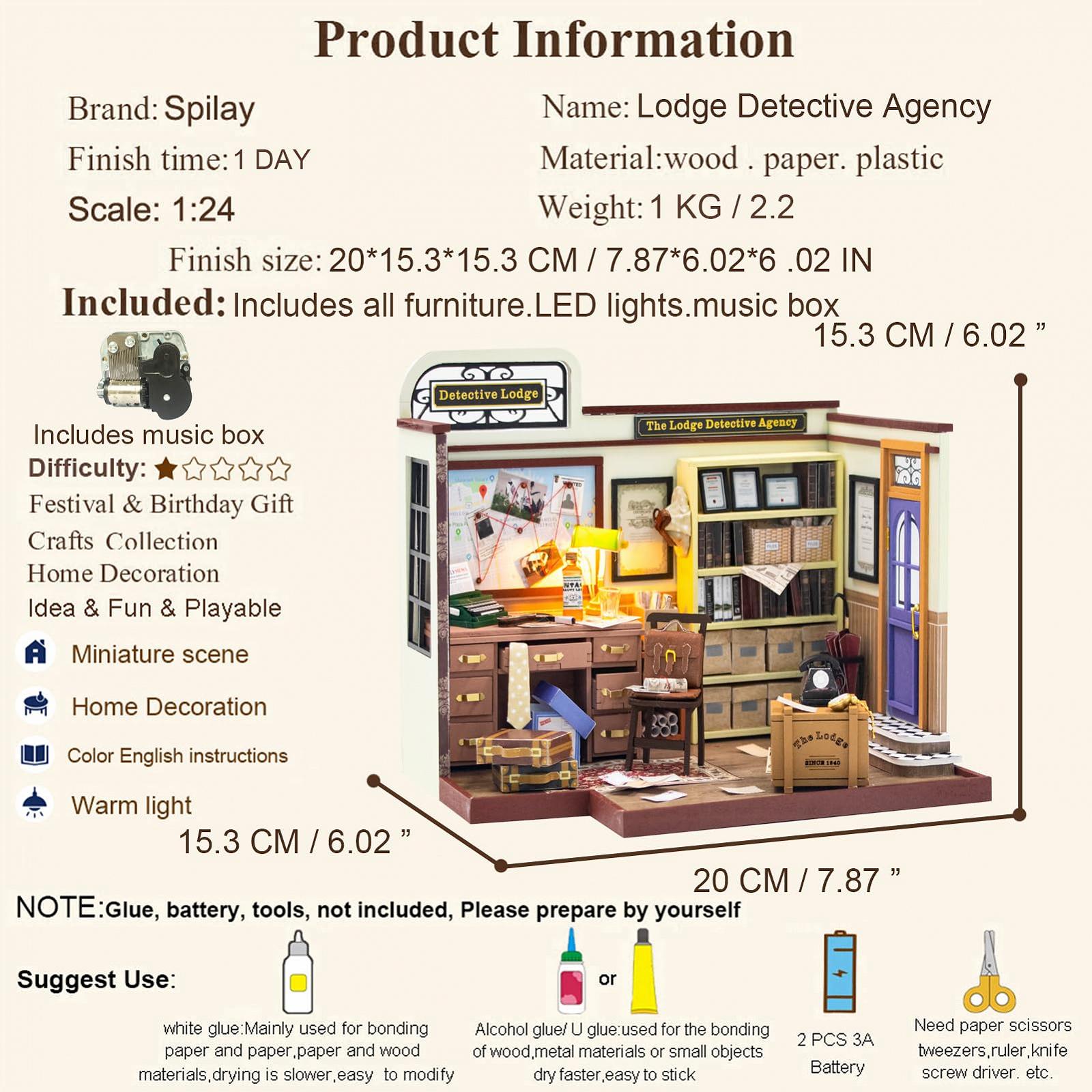 Комплект меблів для мініатюрного лялькового будинку Spilay Lodge Detective Agency-PC2308 Дерев'яний з музичною шкатулкою масштаб 1:24, фото №4