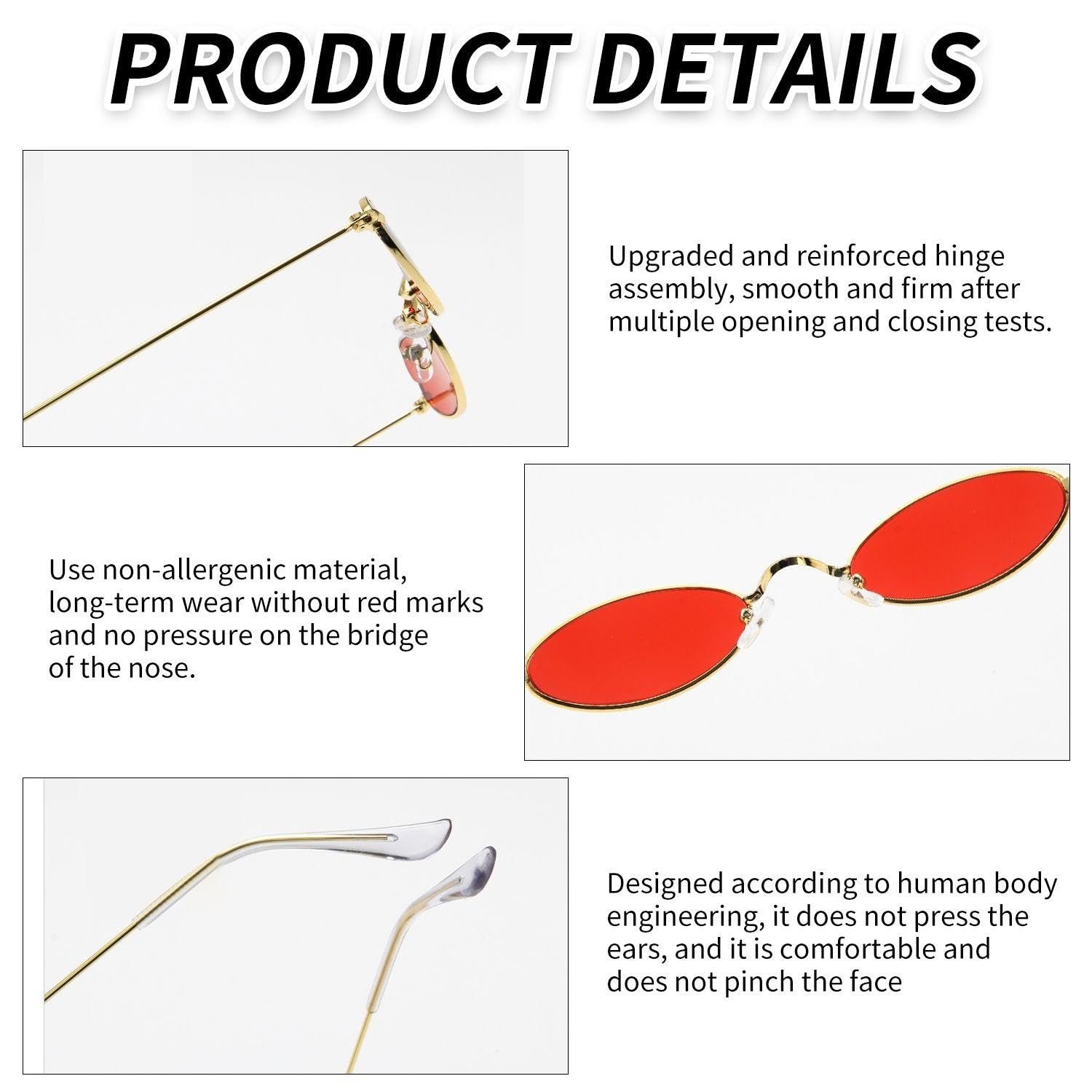 Солнцезащитные очки YSJCHEBS Овальные Ретро Металлические Золотая оправа красная фольга 3 шт., фото №3