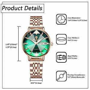 Женские часы JewelryWe из нержавеющей стали, люминесцентные, водонепроницаемые до 30 м, календарь, аналоговые, кварцевые, розовое золото, браслет из нержавеющей стали, роскошные часы с граненым стеклом и люминесцентными стрелками synthetic.ua - Фото 1