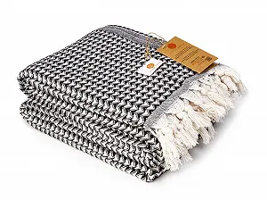 Одеяло Buena Zeba Традиционное Хлопок Зигзаг Бахрома 200 x 235 см (Черный) - Фото 1