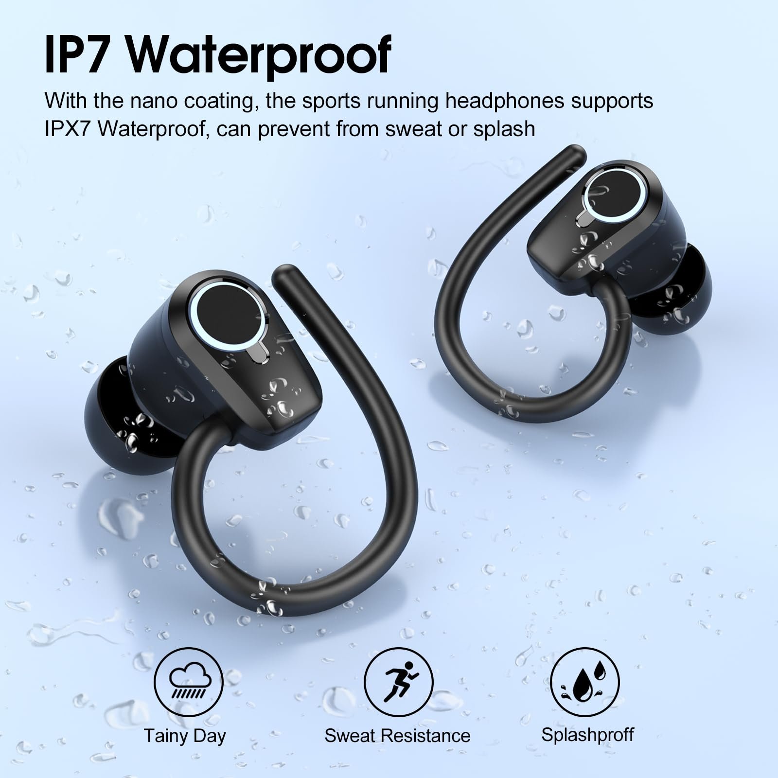 Bluetooth Спортивные наушники Poounur H9, беспроводные Bluetooth 5.3 наушники с ENC микрофоном, 50 часов Hi-Fi стерео глубокий бас, IP7 водонепроницаемые беспроводные наушники с ушными крючками для спорта, фото №6