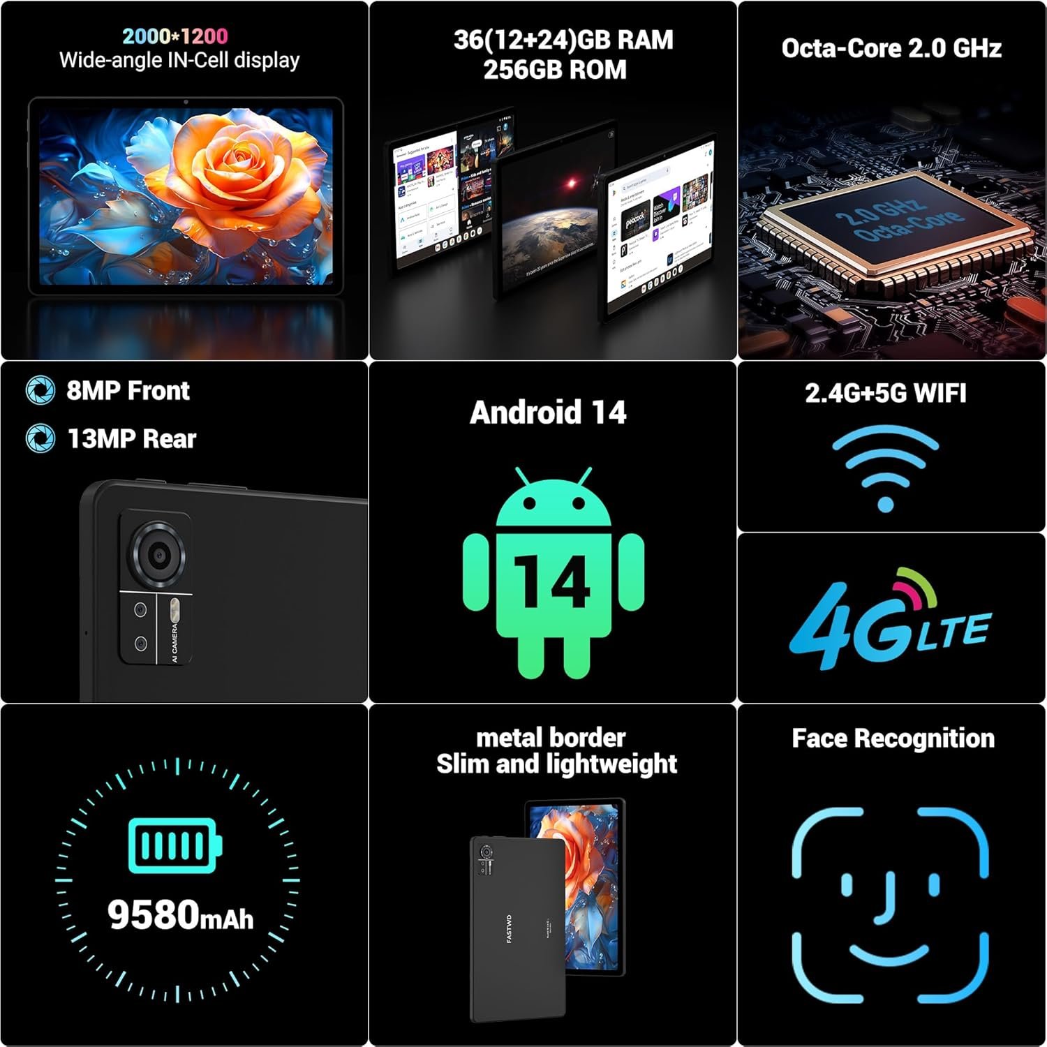 Планшет 11" 2K FASTWD T181 12+24/256Gb 4G 2-SIM 8 ядер Android 14 9580 mAh Черный, фото №4