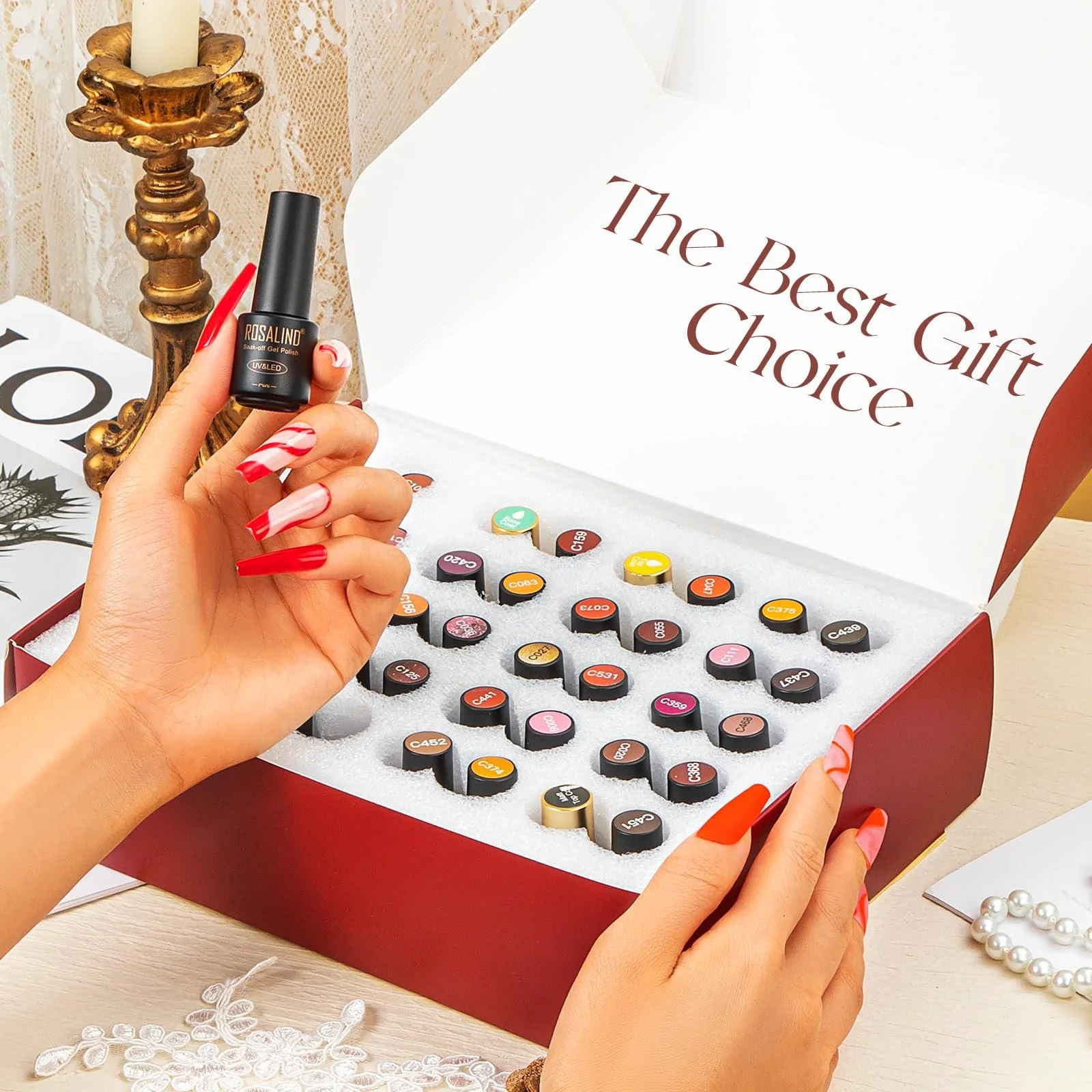 Гель-лак ROSALIND Коричневий Червоний, 35 + 3 Кольори, набір гель-лаків із золотими блискітками, фото №7