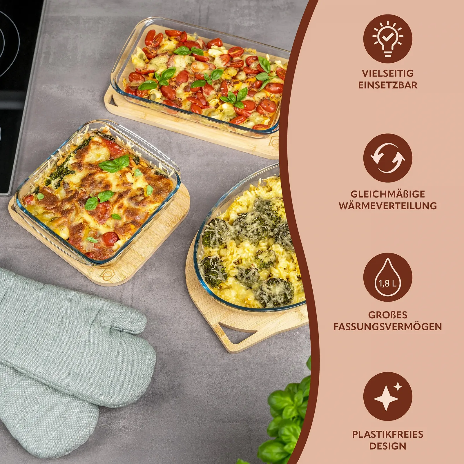 Стеклянная форма для запекания eluno с бамбуковой крышкой 1.8 л квадратная, фото №6