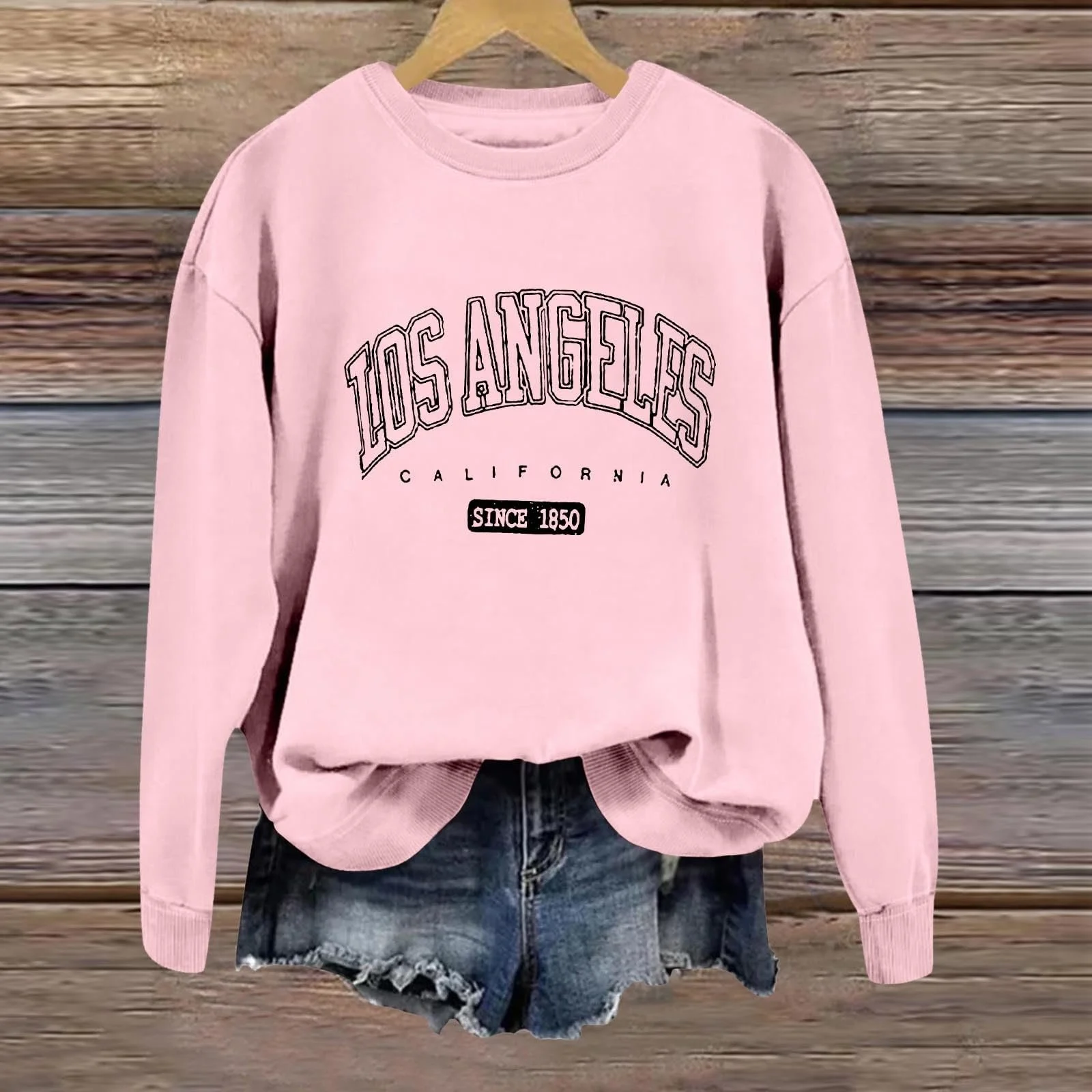 Женский свитшот с принтом Los Angeles, хлопок, длинный рукав, круглый вырез, однотонный, легкий, фото №4