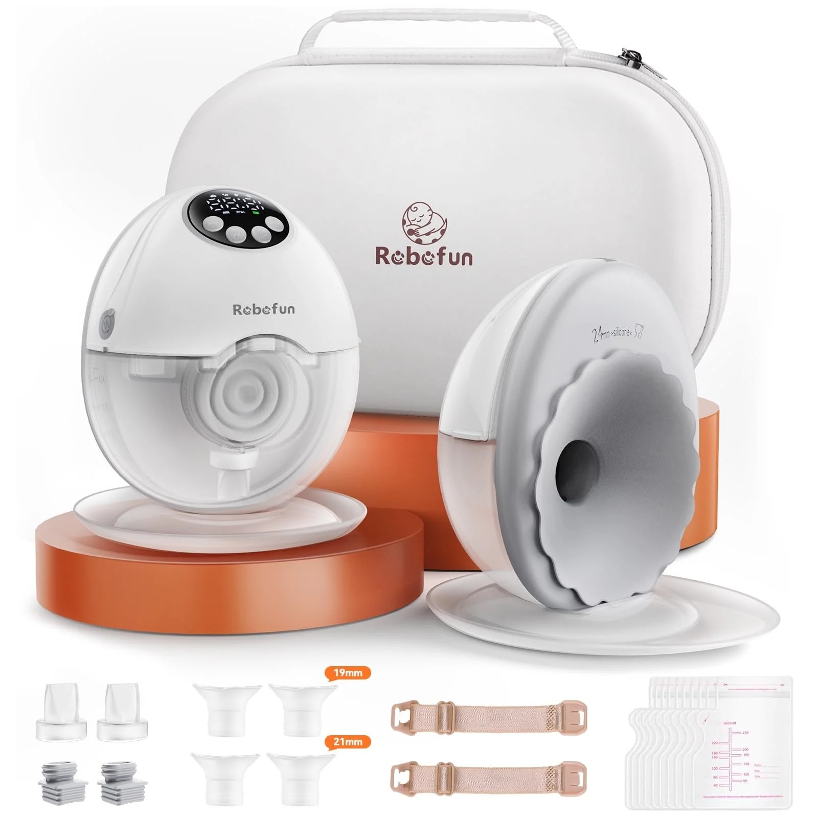 Молокоотсос Robofun электрический, свободные руки, двойной, 4 режима, 12 уровней всасывания, функция защиты от переполнения, с коробкой для хранения, 2 шт., фото №1 Молокоотсос Robofun электрический, свободные руки, двойной, 4 режима, 12 уровней всасывания, функция защиты от переполнения, с коробкой для хранения, 2 шт., фото №1