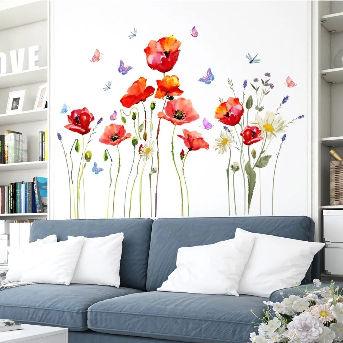 Наклейка на стіну Мак Червона Садові квіти Метелик для спальні та вітальні, фото №4 Наклейка на стіну Мак Червона Садові квіти Метелик для спальні та вітальні, фото №4
