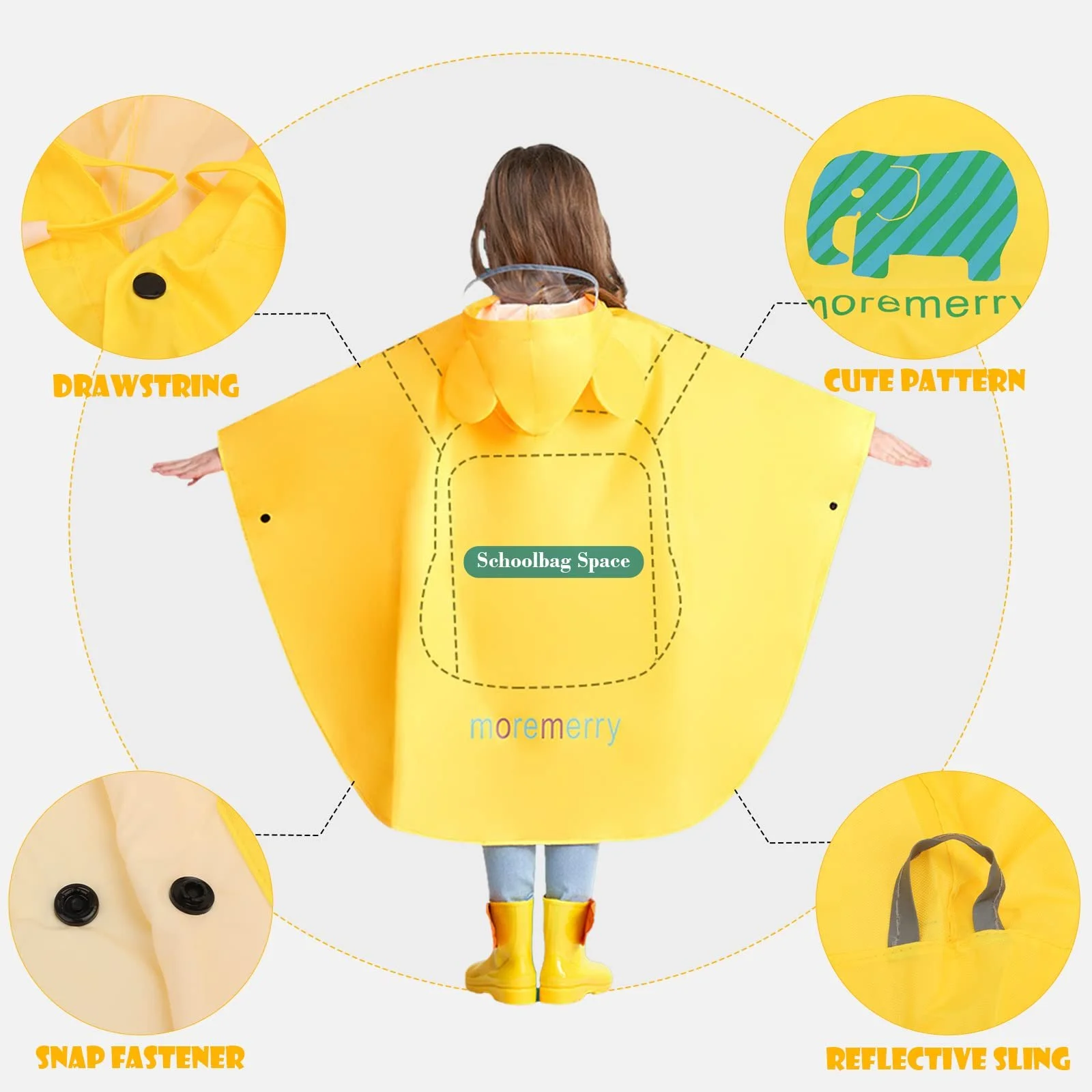 Детское дождевое пончо BWBIKE Водонепроницаемый дождевик Плащ Складная дождевая одежда Милый детский дождевик Унисекс Легкий школьный рюкзак Водонепроницаемый капюшон Дождевик, фото №2