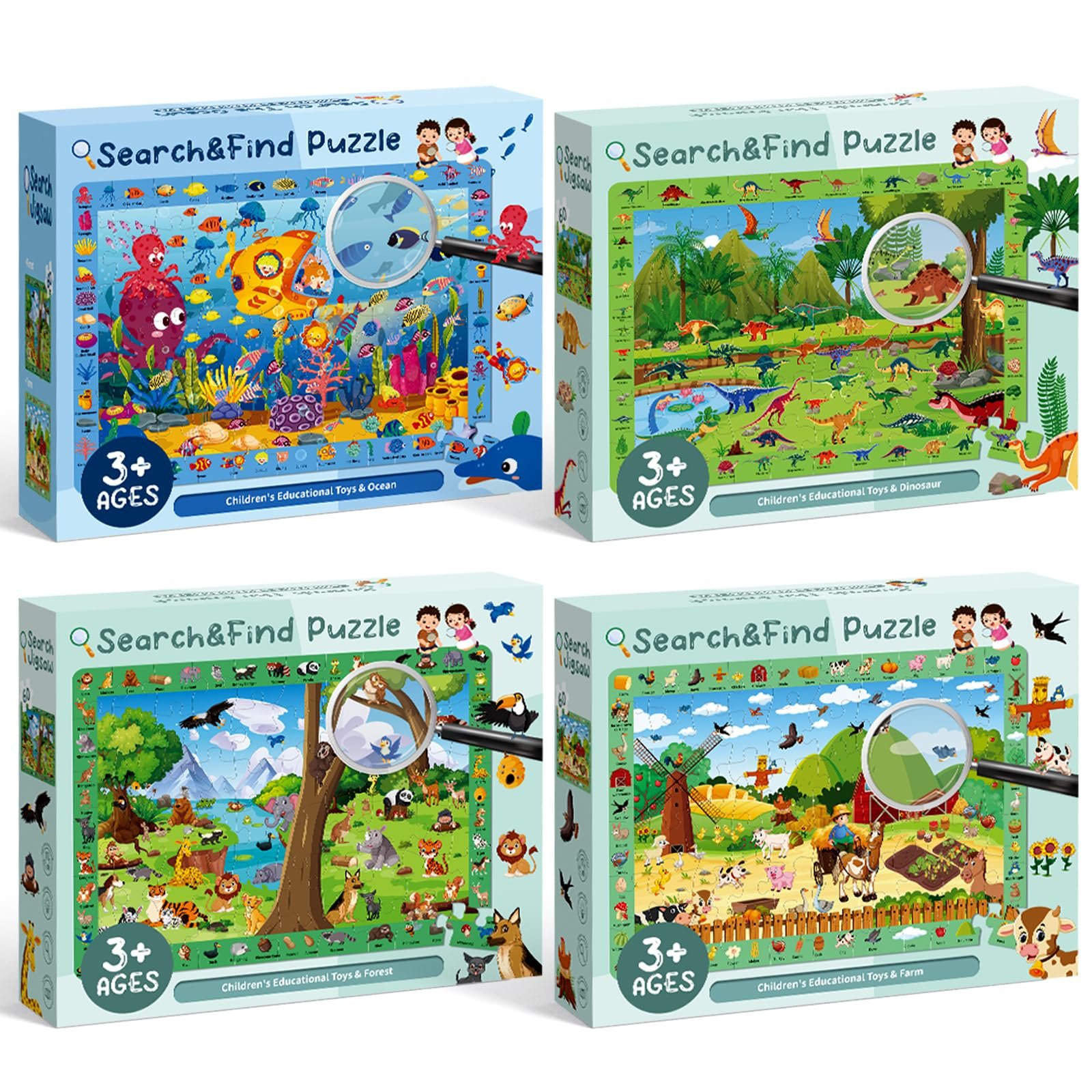 Пазлы для детей 4 x 60 деталей Динозавры Ферма Лесные животные Морской мир, фото №1 Пазлы для детей 4 x 60 деталей Динозавры Ферма Лесные животные Морской мир, фото №1