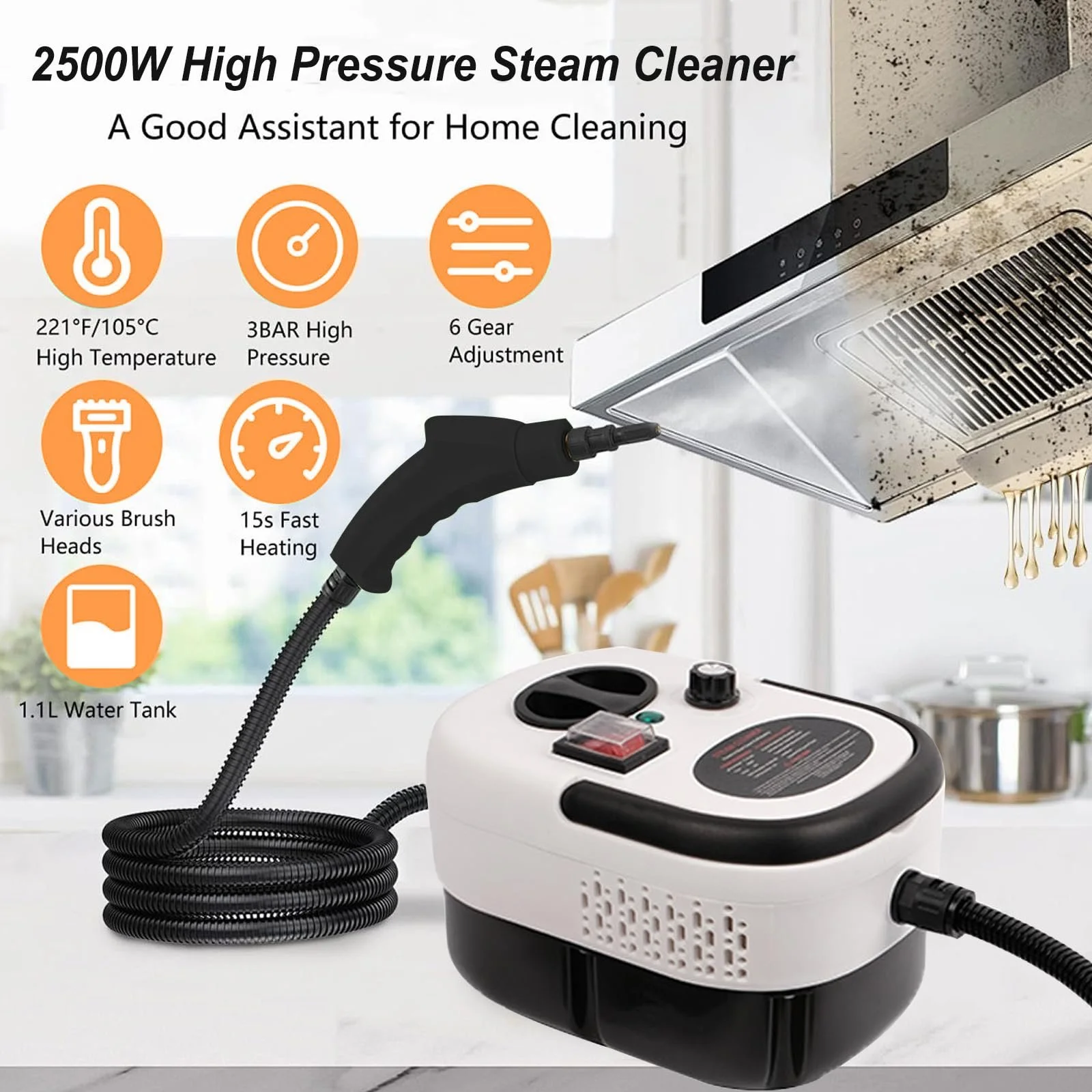 Пароочиститель ручной 2500 W 1.2 л 6 уровней 3 бар портативный, фото №3 Пароочиститель ручной 2500 W 1.2 л 6 уровней 3 бар портативный, фото №3